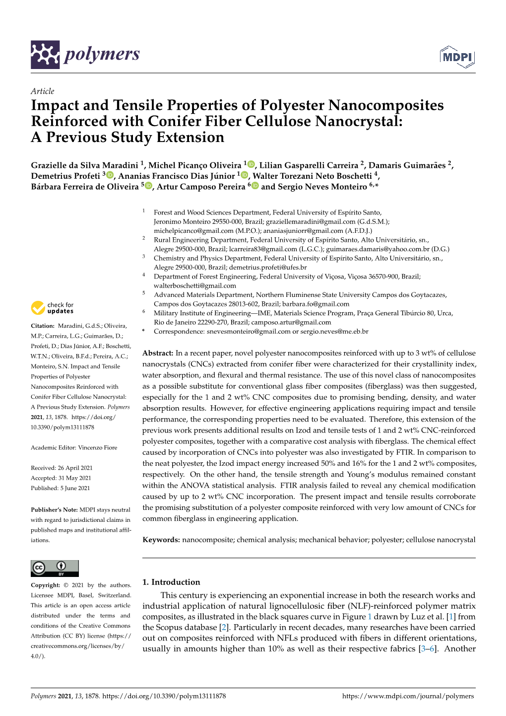 Impact and Tensile Properties of Polyester Nanocomposites Reinforced with Conifer Fiber Cellulose Nanocrystal: a Previous Study Extension