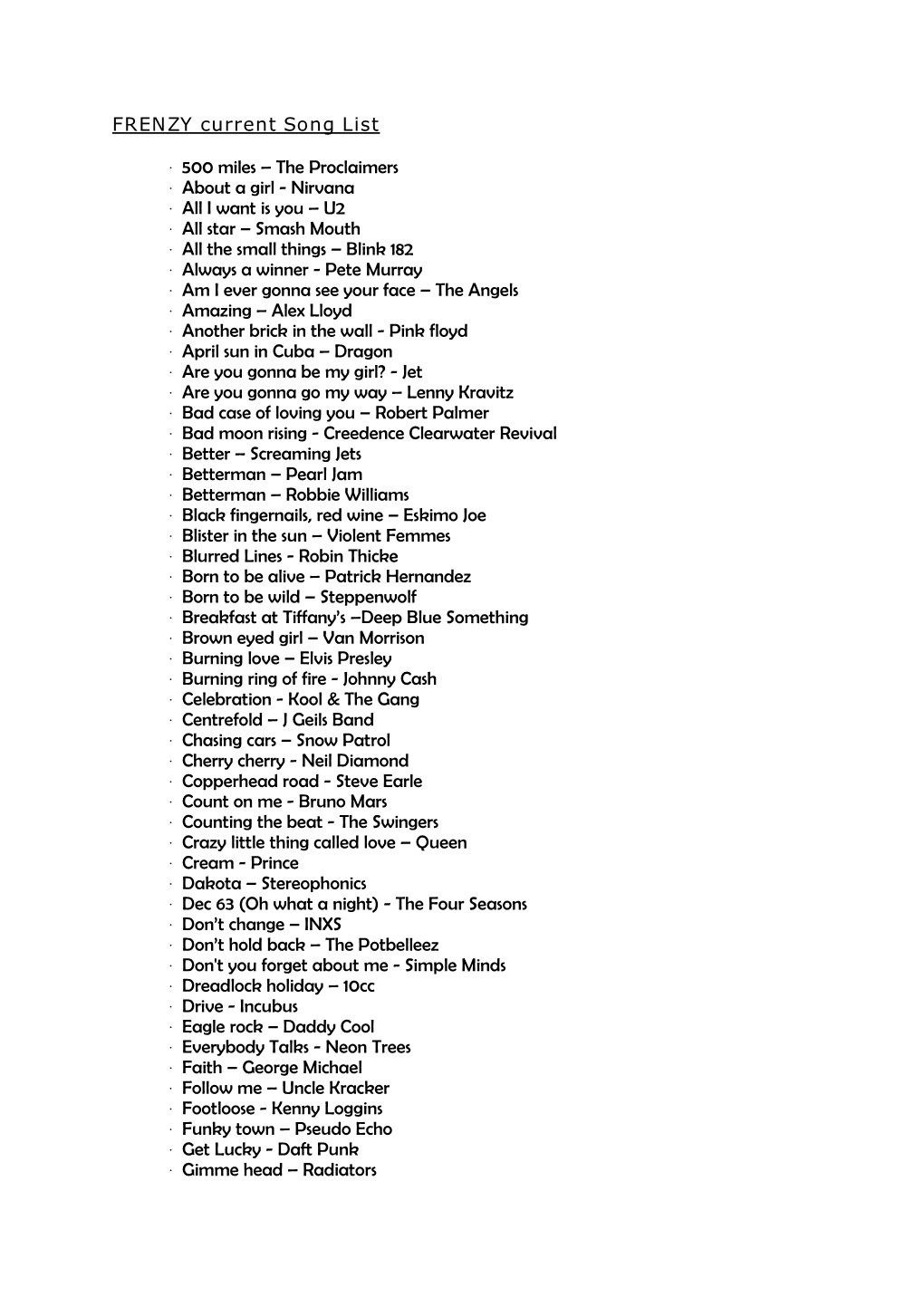 FRENZY Current Song List 500 Miles