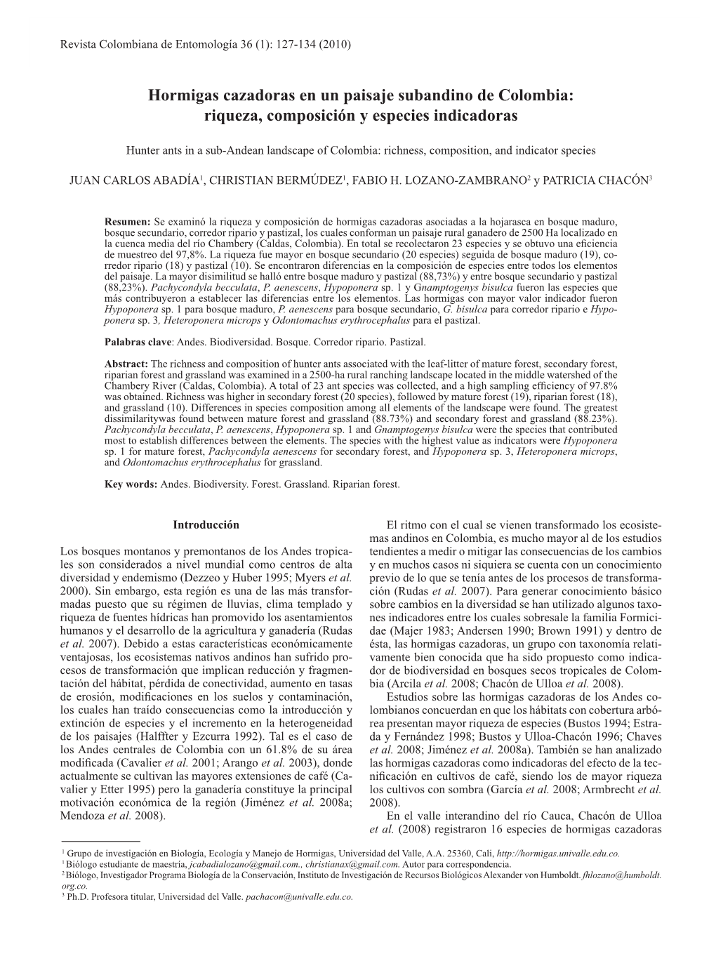 Hormigas Cazadoras En Un Paisaje Subandino De Colombia: Riqueza, Composición Y Especies Indicadoras