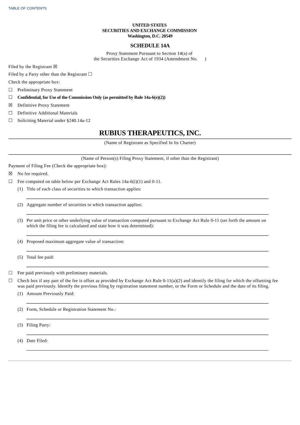 RUBIUS THERAPEUTICS, INC. (Name of Registrant As Specified in Its Charter)