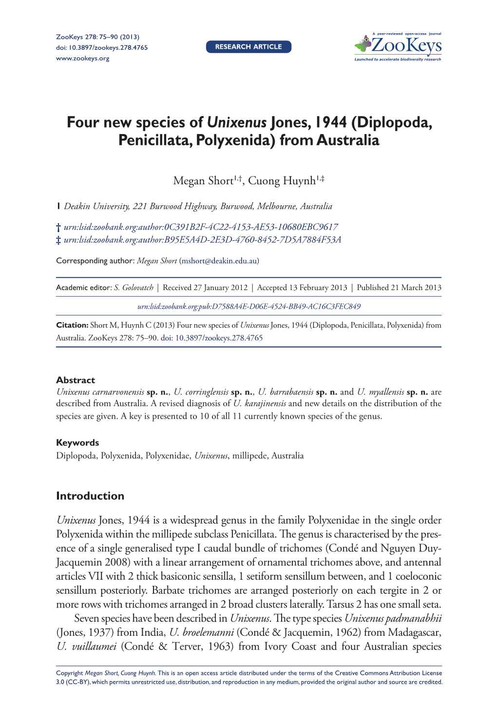 Four New Species of Unixenus Jones, 1944 (Diplopoda, Penicillata, Polyxenida) from Australia