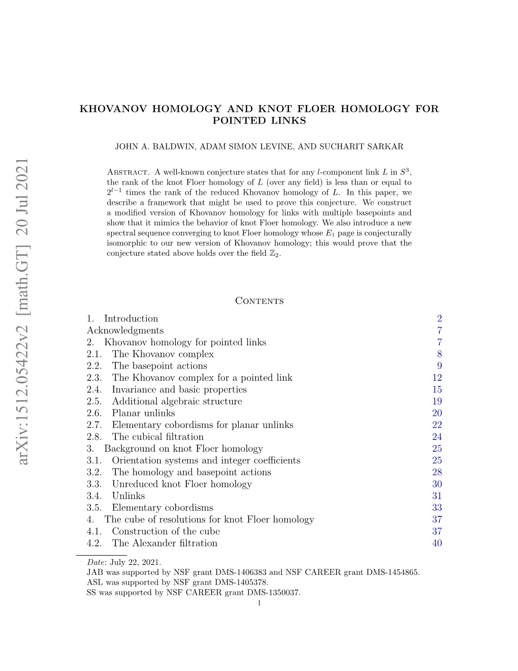 Arxiv:1512.05422V2 [Math.GT] 20 Jul 2021 HVNVHMLG N NTFORHMLG for HOMOLOGY FLOER KNOT and HOMOLOGY KHOVANOV .Introduction 1