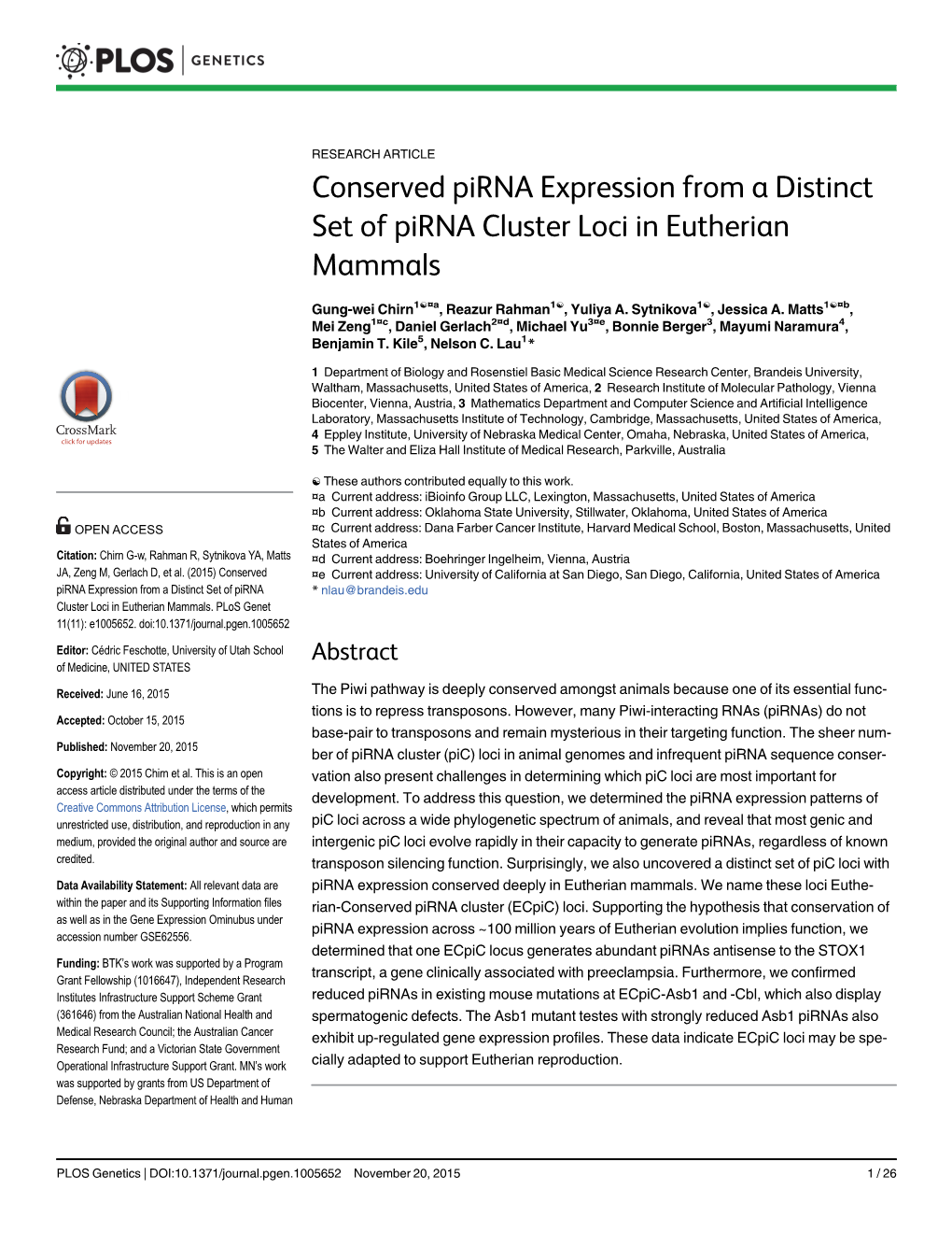 Conserved Pirna Expression from a Distinct Set of Pirna Cluster Loci in Eutherian Mammals