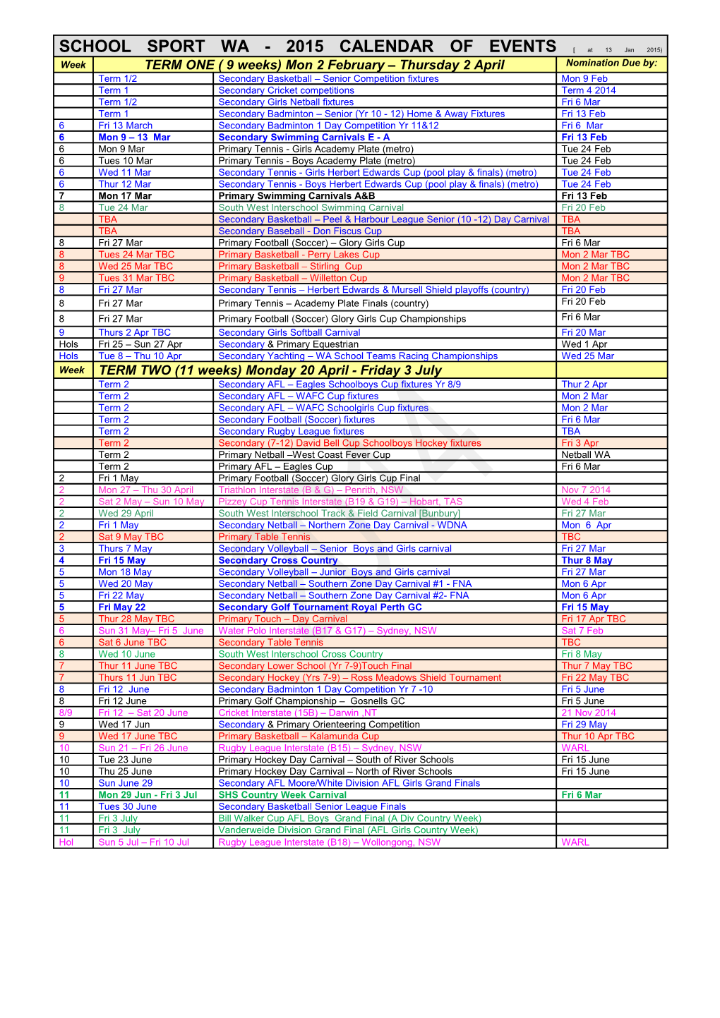 School Sport Wa - 2007 Calendar of Events