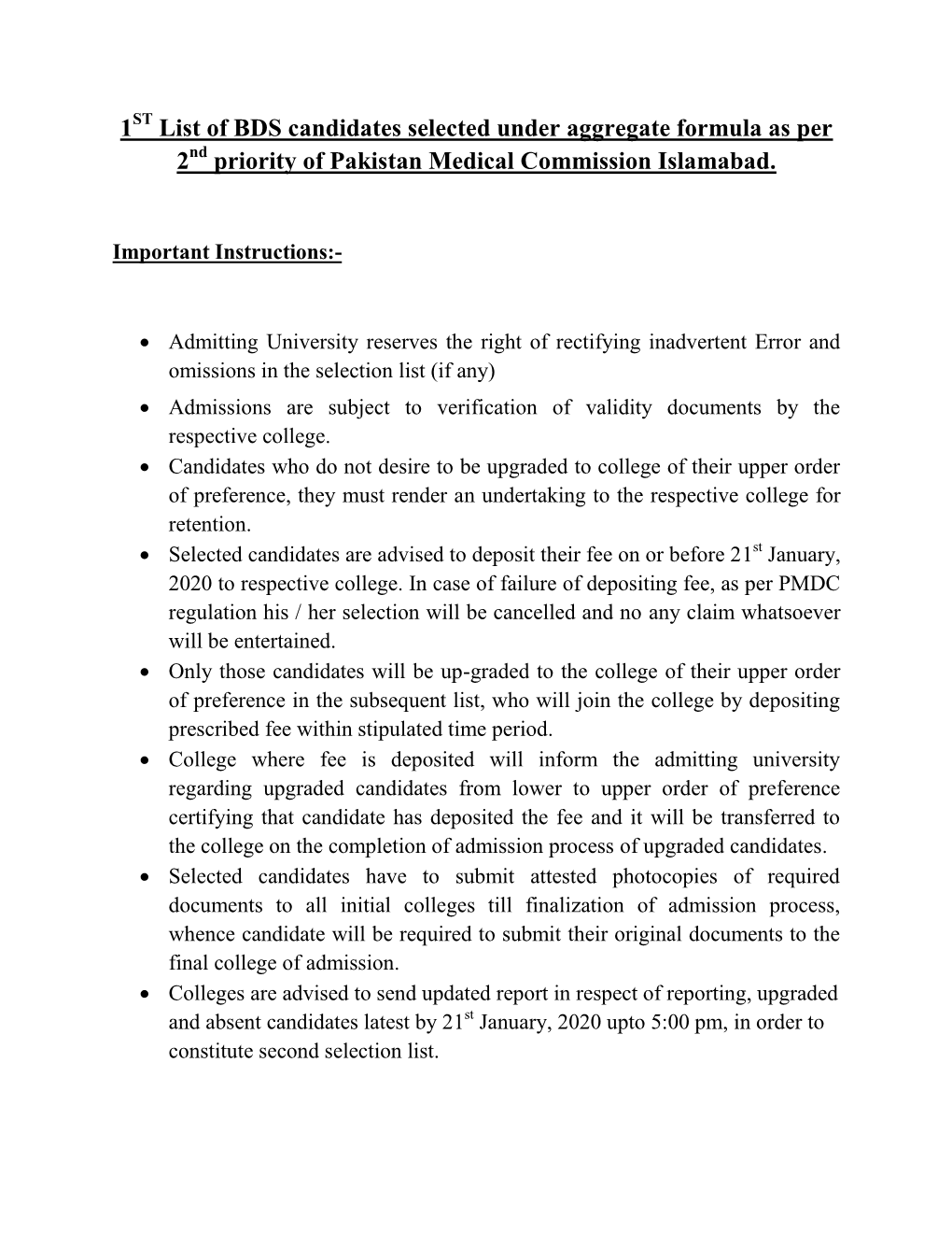 List of BDS Candidates Selected Under Aggregate Formula As Per 2Nd Priority of Pakistan Medical Commission Islamabad