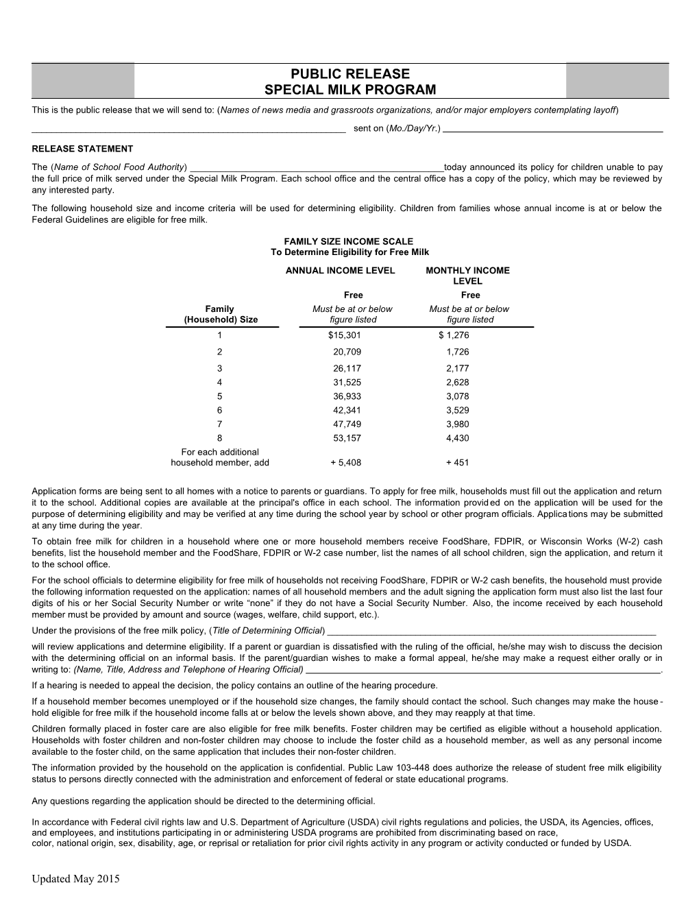 Public Release for the National School Lunch and Breakfast Programs, and Special Milk Program