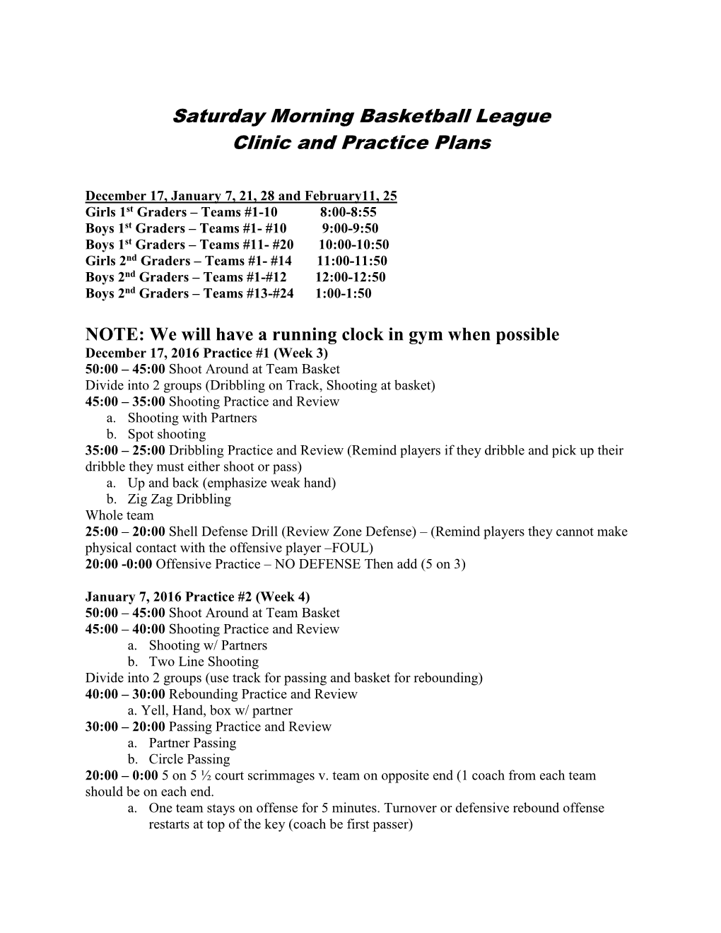 Saturday Morning Basketball League Clinic and Practice Plans