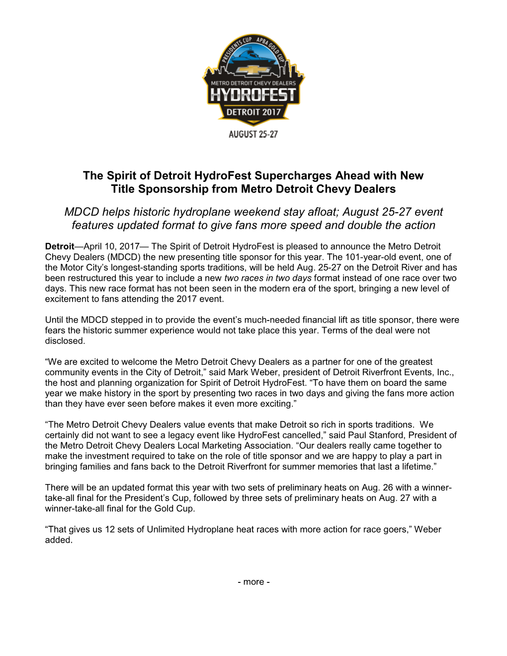The Spirit of Detroit Hydrofest Supercharges Ahead with New Title Sponsorship from Metro Detroit Chevy Dealers