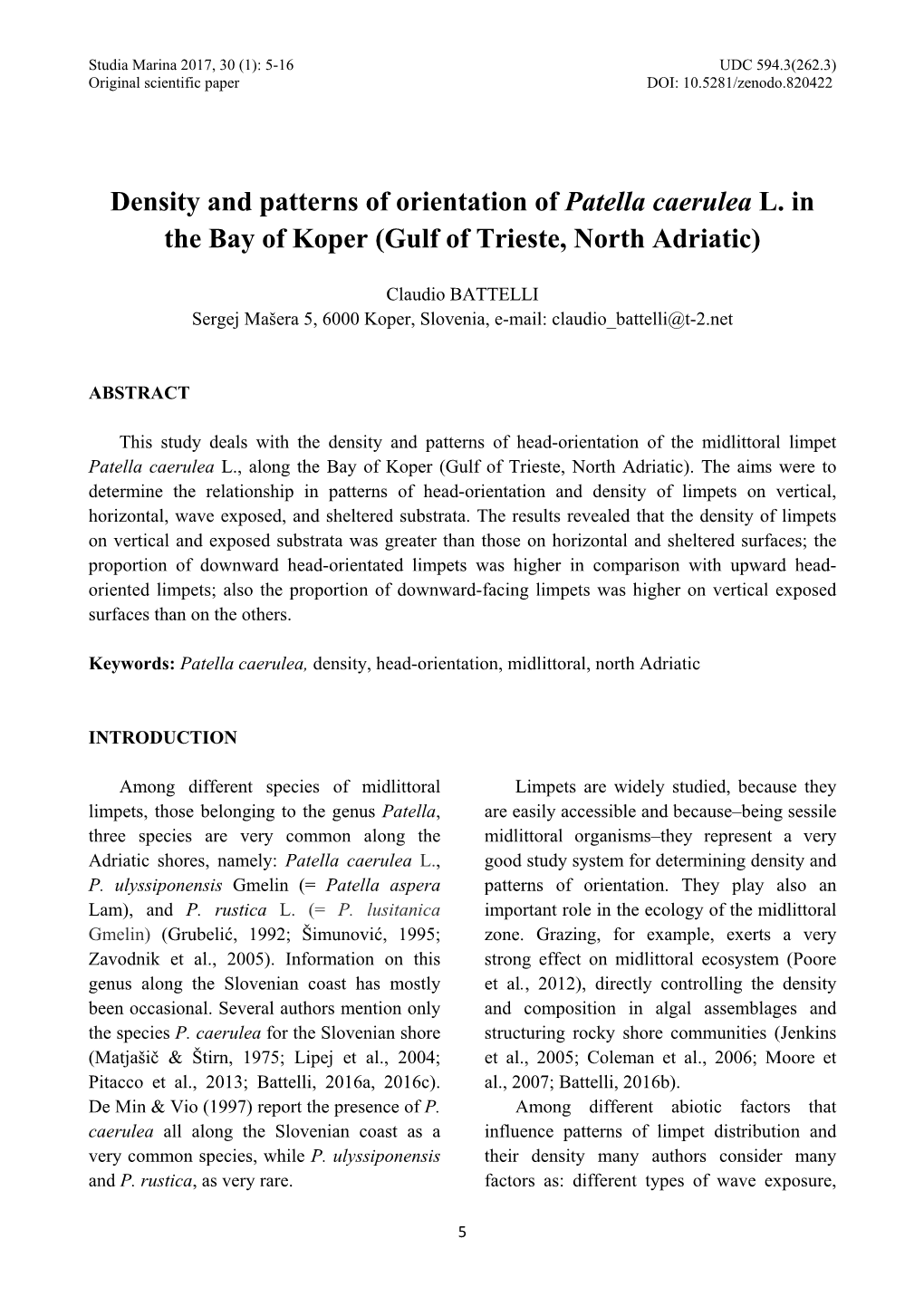 Density and Patterns of Orientation of Patella Caerulea L. in the Bay of Koper (Gulf of Trieste, North Adriatic)