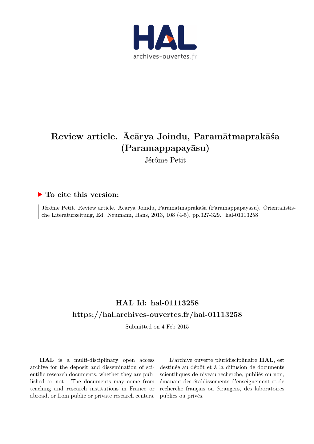 Review Article. Ācārya Joindu, Paramātmaprakāśa (Paramappapayāsu) Jérôme Petit