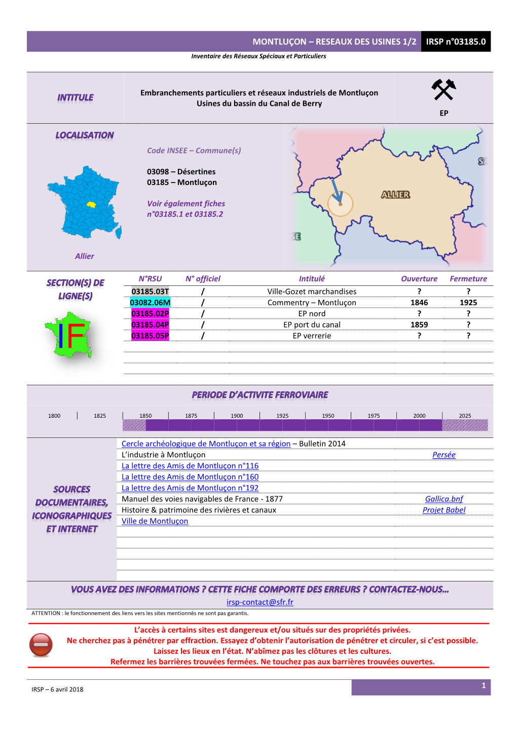 MONTLUÇON – RESEAUX DES USINES 1/2 IRSP N°03185.0 Inventaire Des Réseaux Spéciaux Et Particuliers