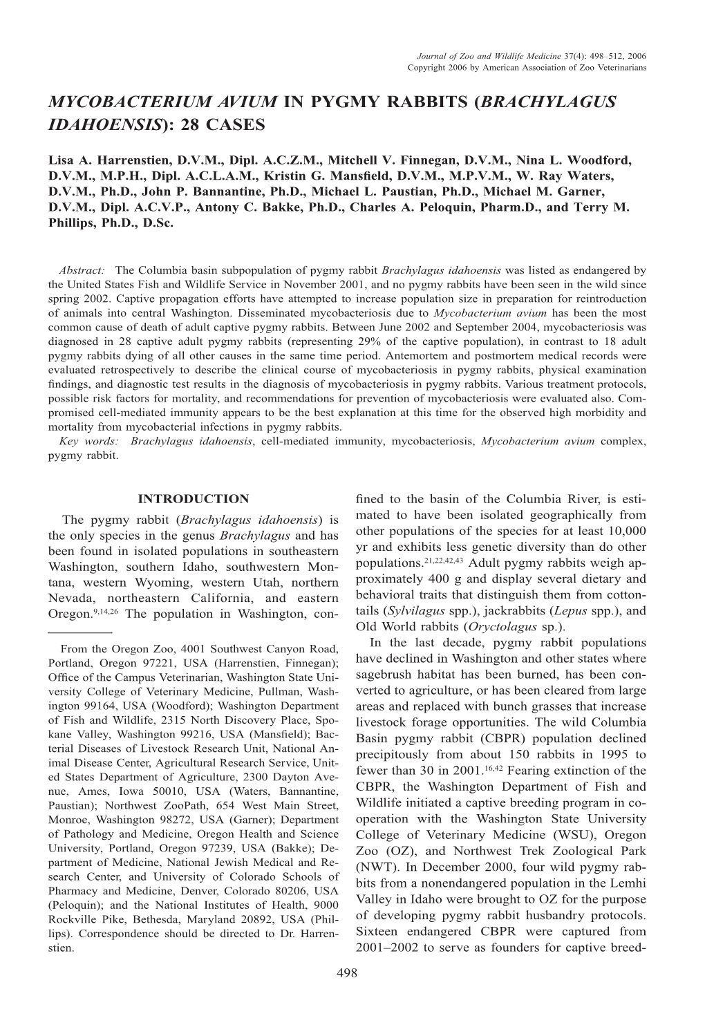 Mycobacterium Avium in Pygmy Rabbits (Brachylagus Idahoensis): 28 Cases