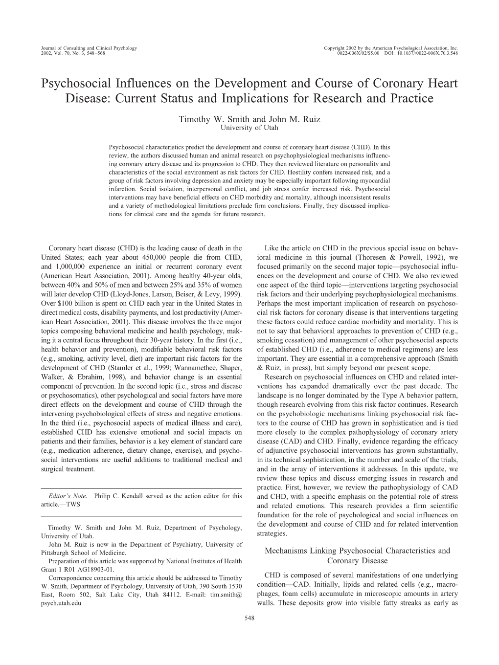 Psychosocial Influences on the Development and Course of Coronary Heart Disease: Current Status and Implications for Research and Practice