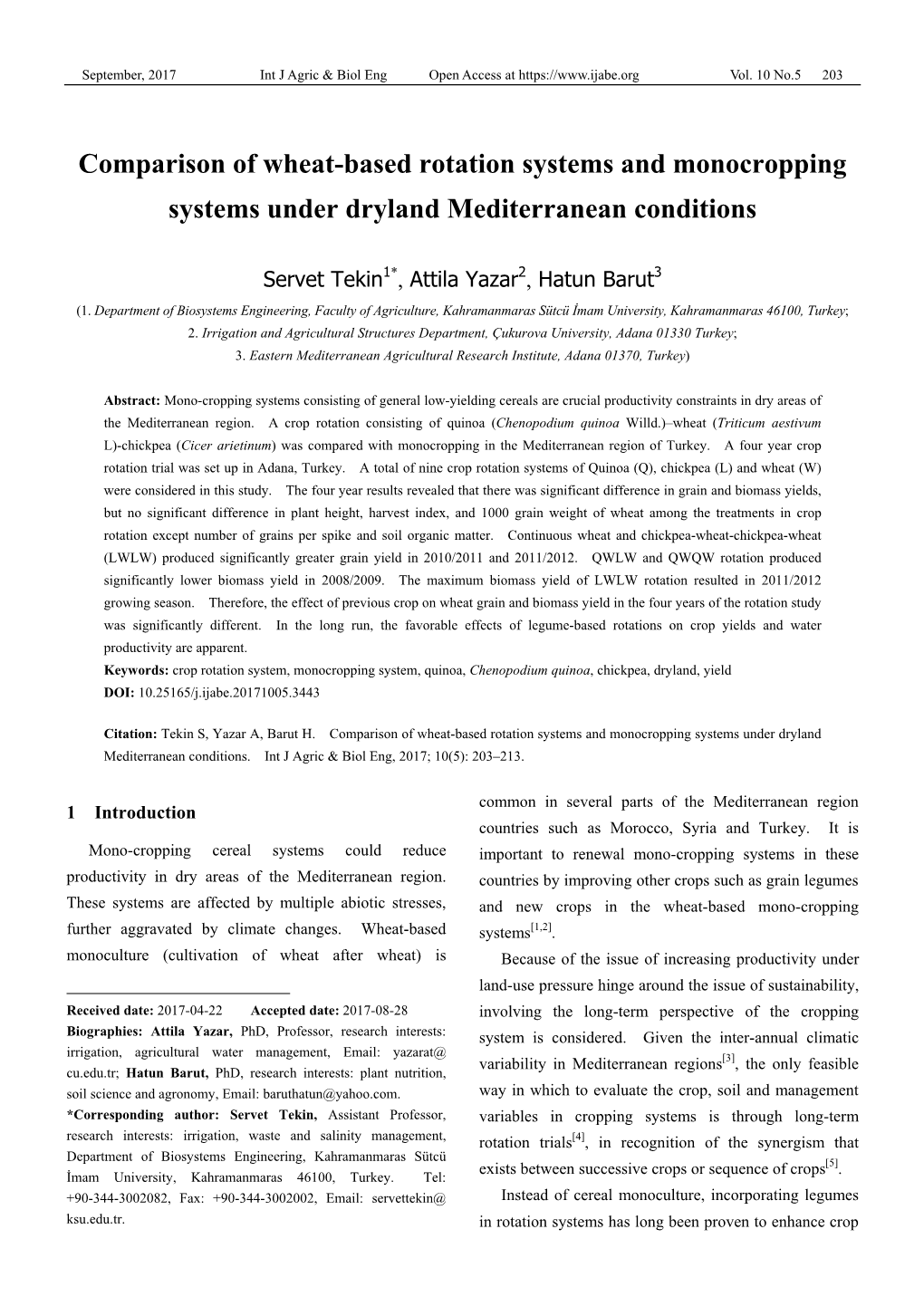 Comparison of Wheat-Based Rotation Systems and Monocropping Systems Under Dryland Mediterranean Conditions