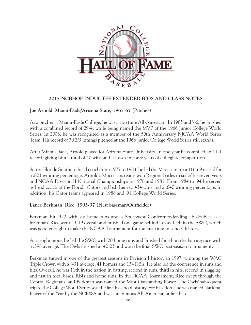 2015 Ncbhof Inductee Extended Bios and Class Notes