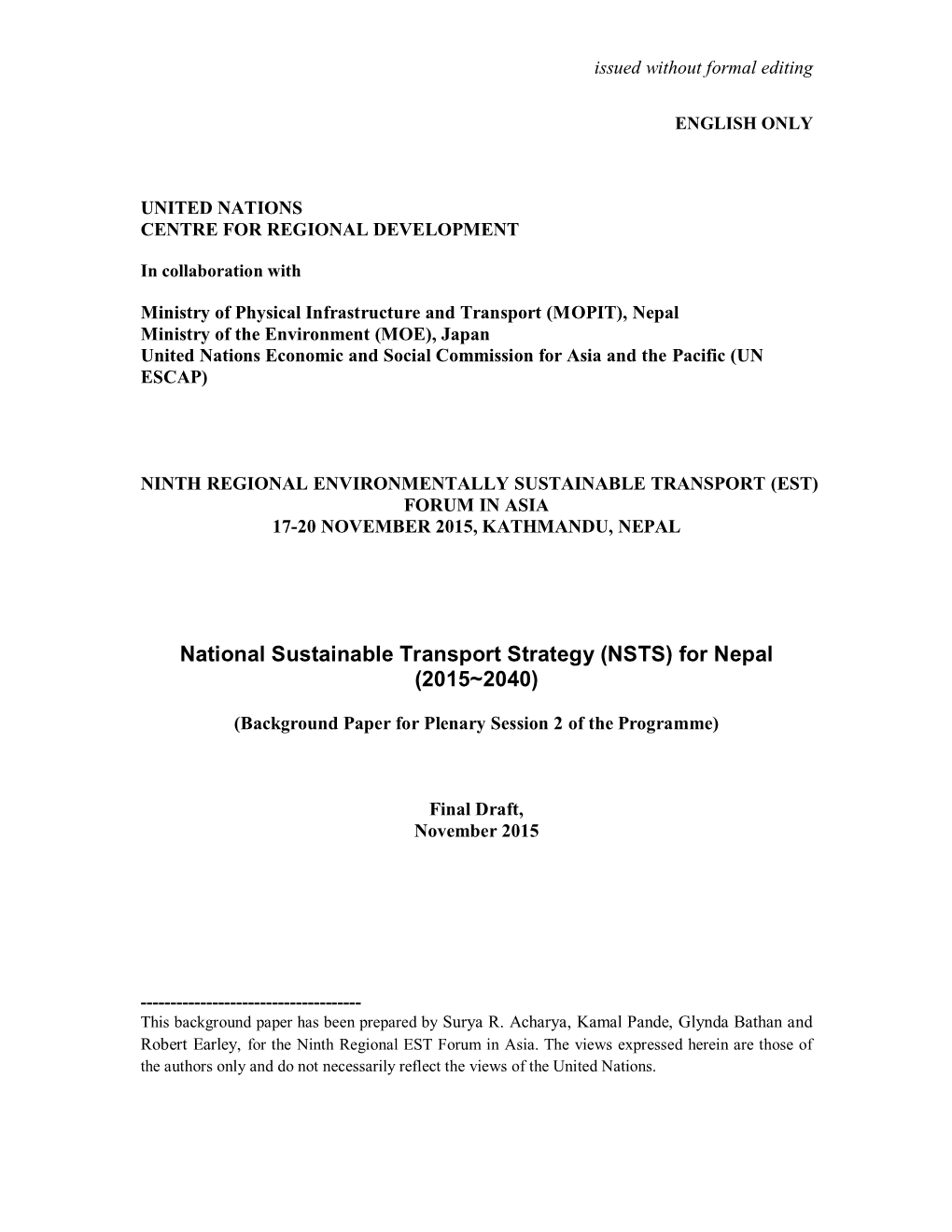 National Environmentally Sustainable Transport (EST) Strategy for Nepal