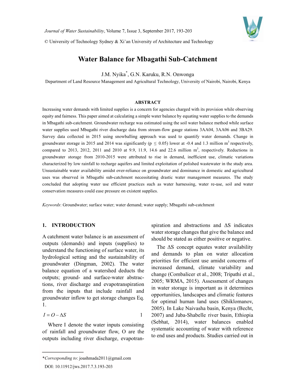 Water Balance for Mbagathi Sub-Catchment