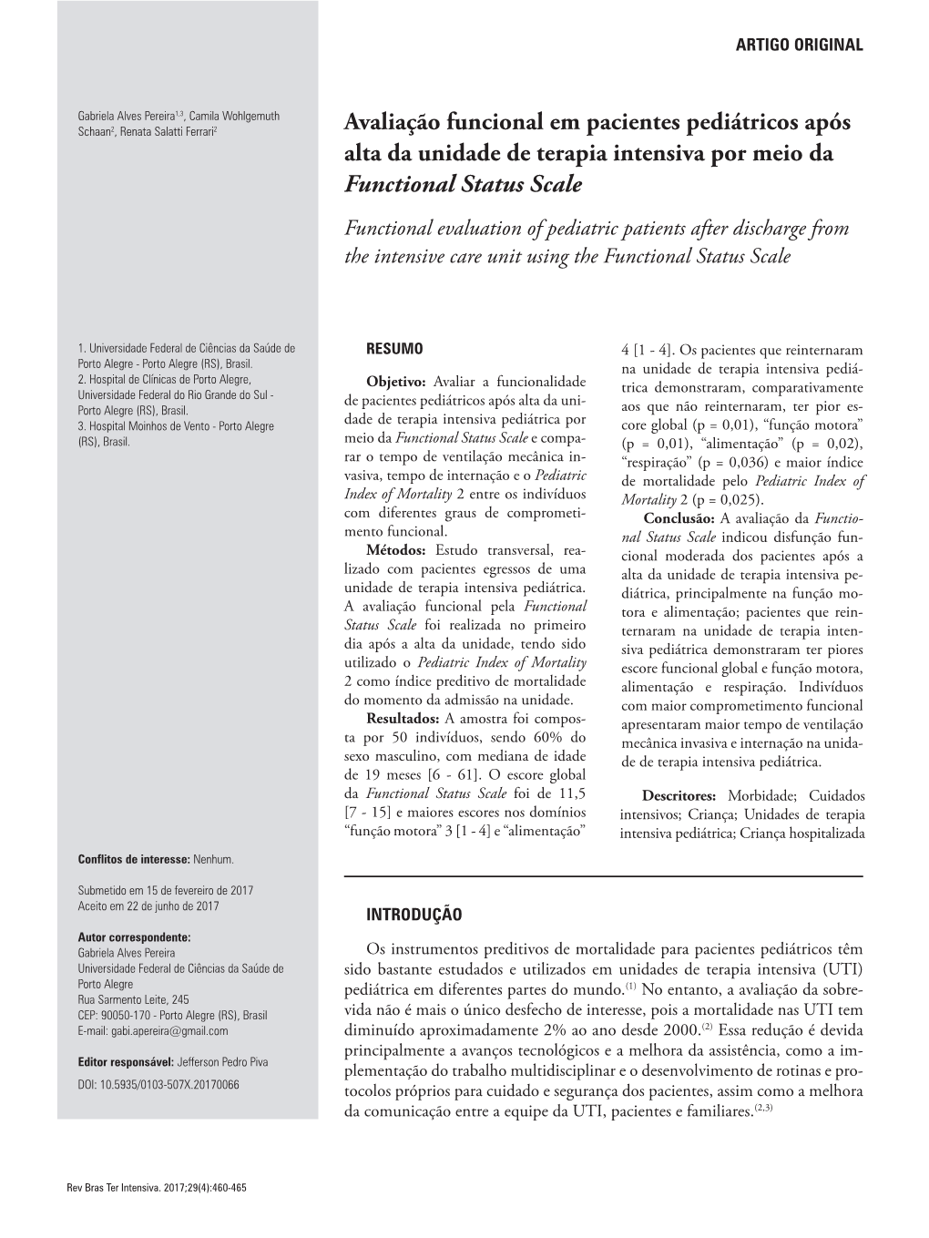 Functional Evaluation of Pediatric Patients After Discharge from the Intensive Care Unit Using the Functional Status Scale