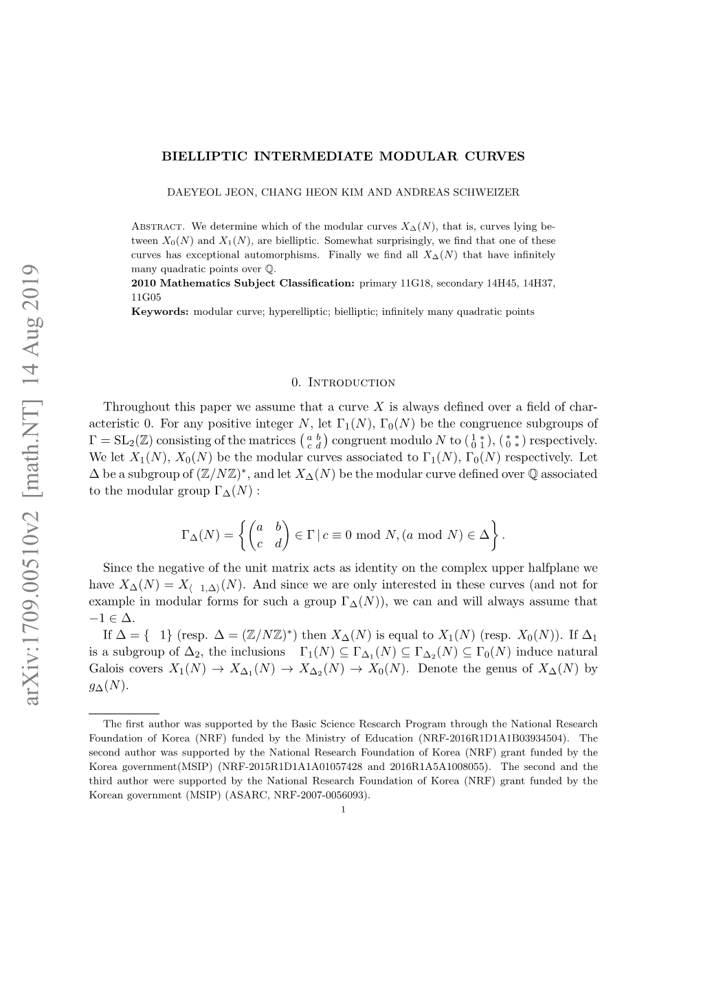 Bielliptic Intermediate Modular Curves X∆(N) and ﬁnd All the Curves X∆(N) Which Have Inﬁnitely Many Quadratic Points Over Q