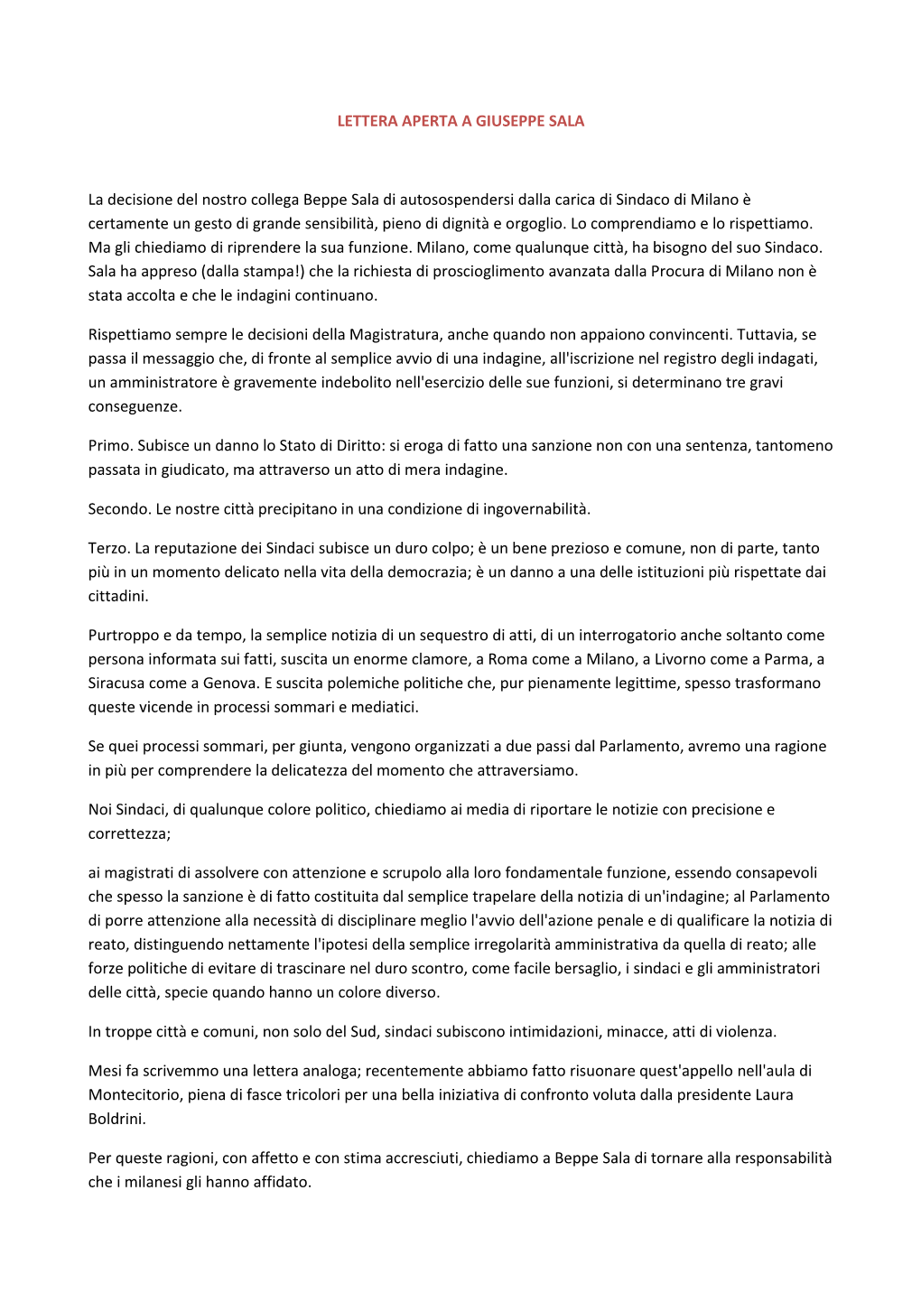 LETTERA APERTA a GIUSEPPE SALA La Decisione Del Nostro