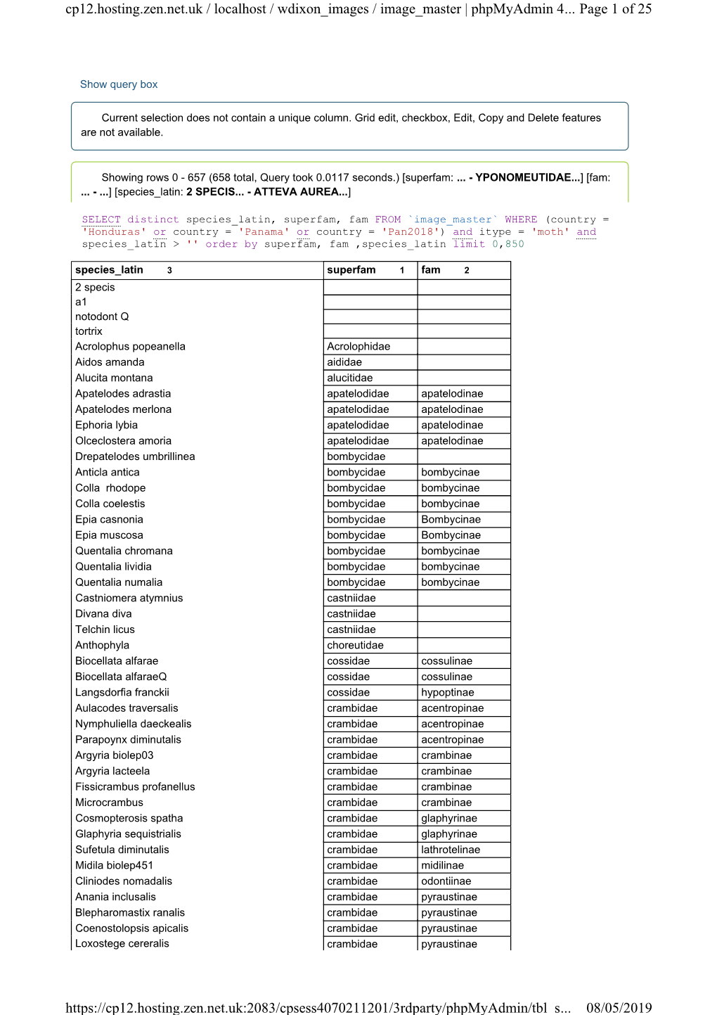 Page 1 of 25 Cp12.Hosting.Zen.Net.Uk / Localhost / Wdixon Images / Image Master | Phpmyadmin 4... 08/05/2019