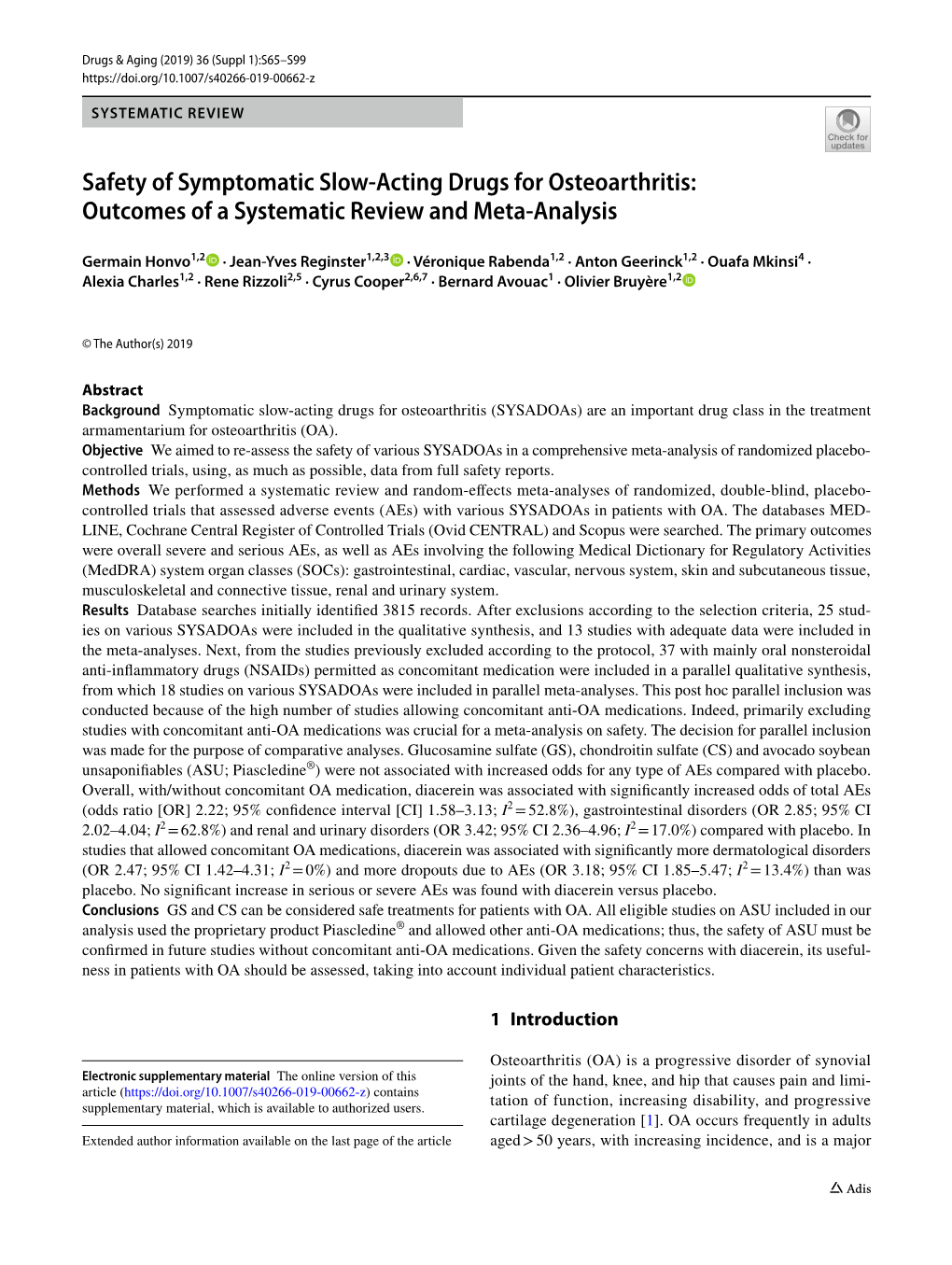 Safety of Symptomatic Slow-Acting Drugs for Osteoarthritis