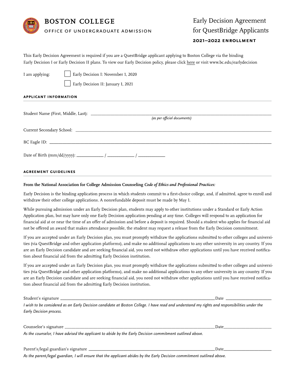 Early Decision Agreement for Questbridge Applicants 2021–2022 Enrollment