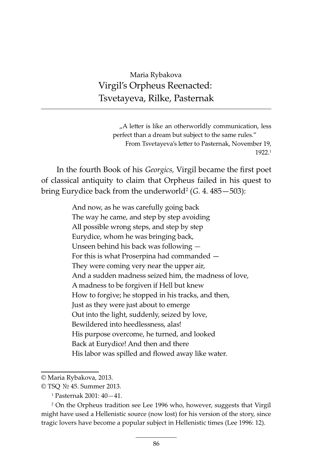 Virgil's Orpheus Reenacted: Tsvetayeva, Rilke, Pasternak