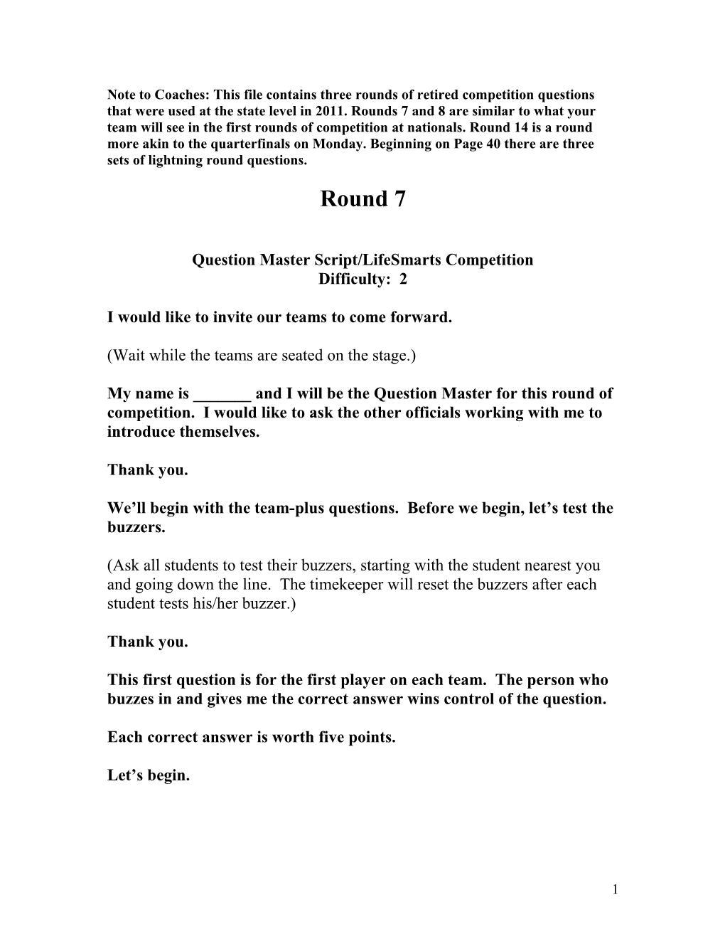 Question Master Script/Lifesmarts Competition