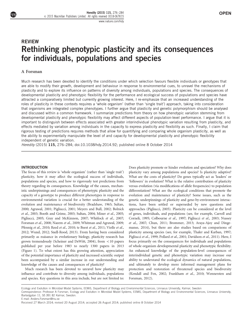 Rethinking Phenotypic Plasticity and Its Consequences for Individuals, Populations and Species