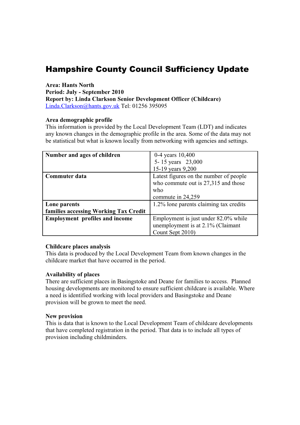 Hampshire County Council Sufficiency Update