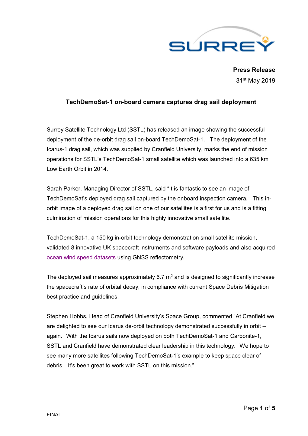 Page 1 of 5 Press Release 31St May