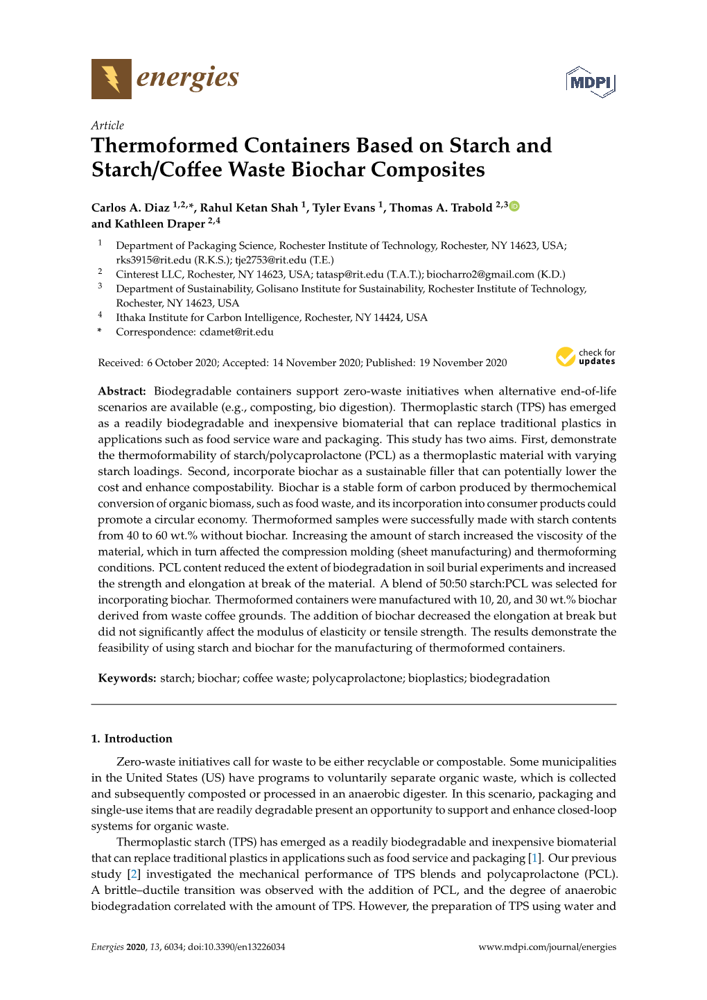 Thermoformed Containers Based on Starch and Starch/Coffee Waste