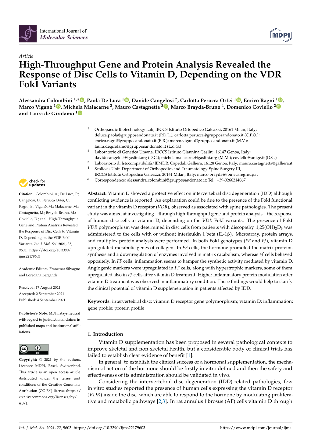 High-Throughput Gene and Protein Analysis Revealed the Response of Disc Cells to Vitamin D, Depending on the VDR Foki Variants