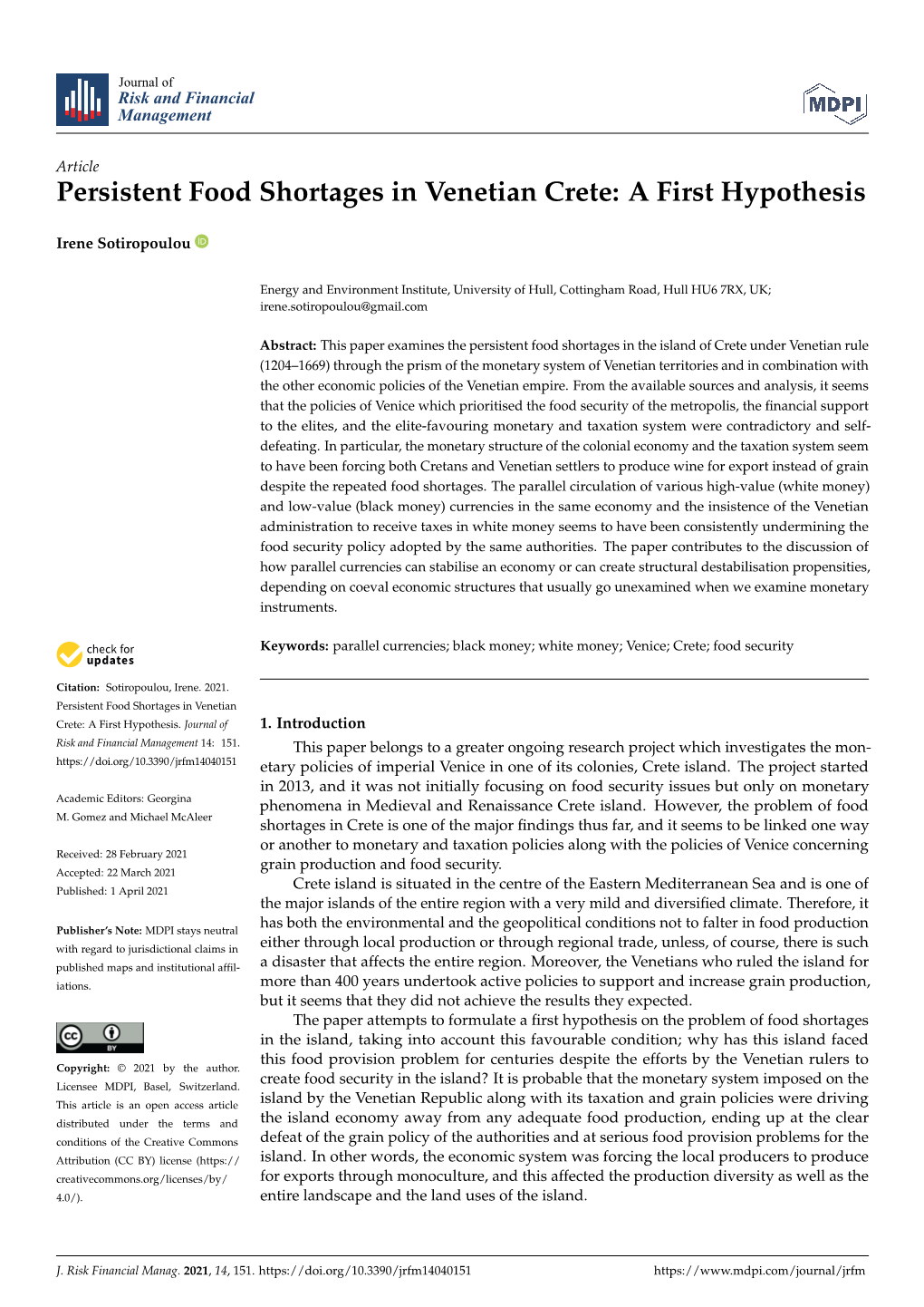 Persistent Food Shortages in Venetian Crete: a First Hypothesis
