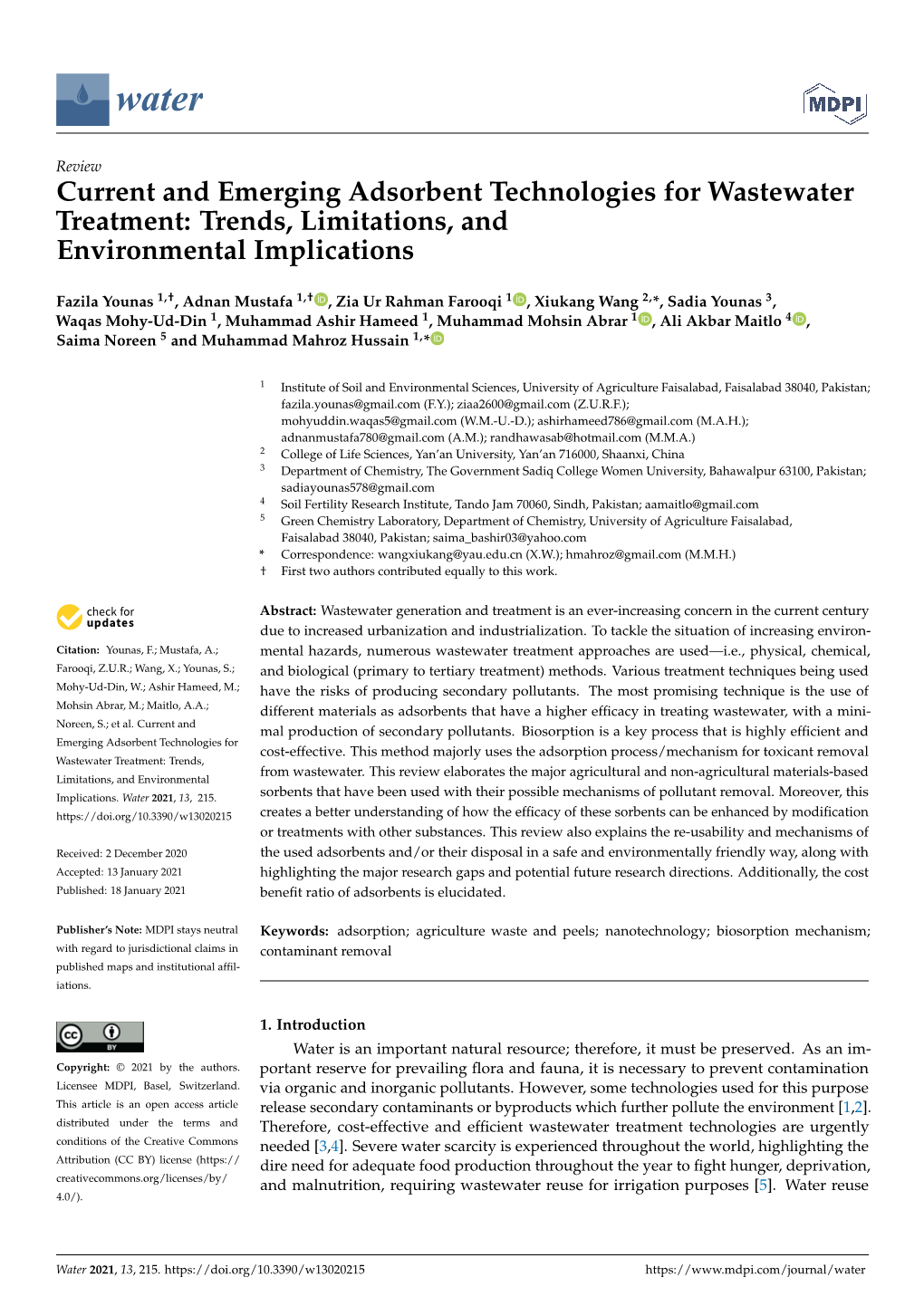 Current and Emerging Adsorbent Technologies for Wastewater Treatment: Trends, Limitations, and Environmental Implications