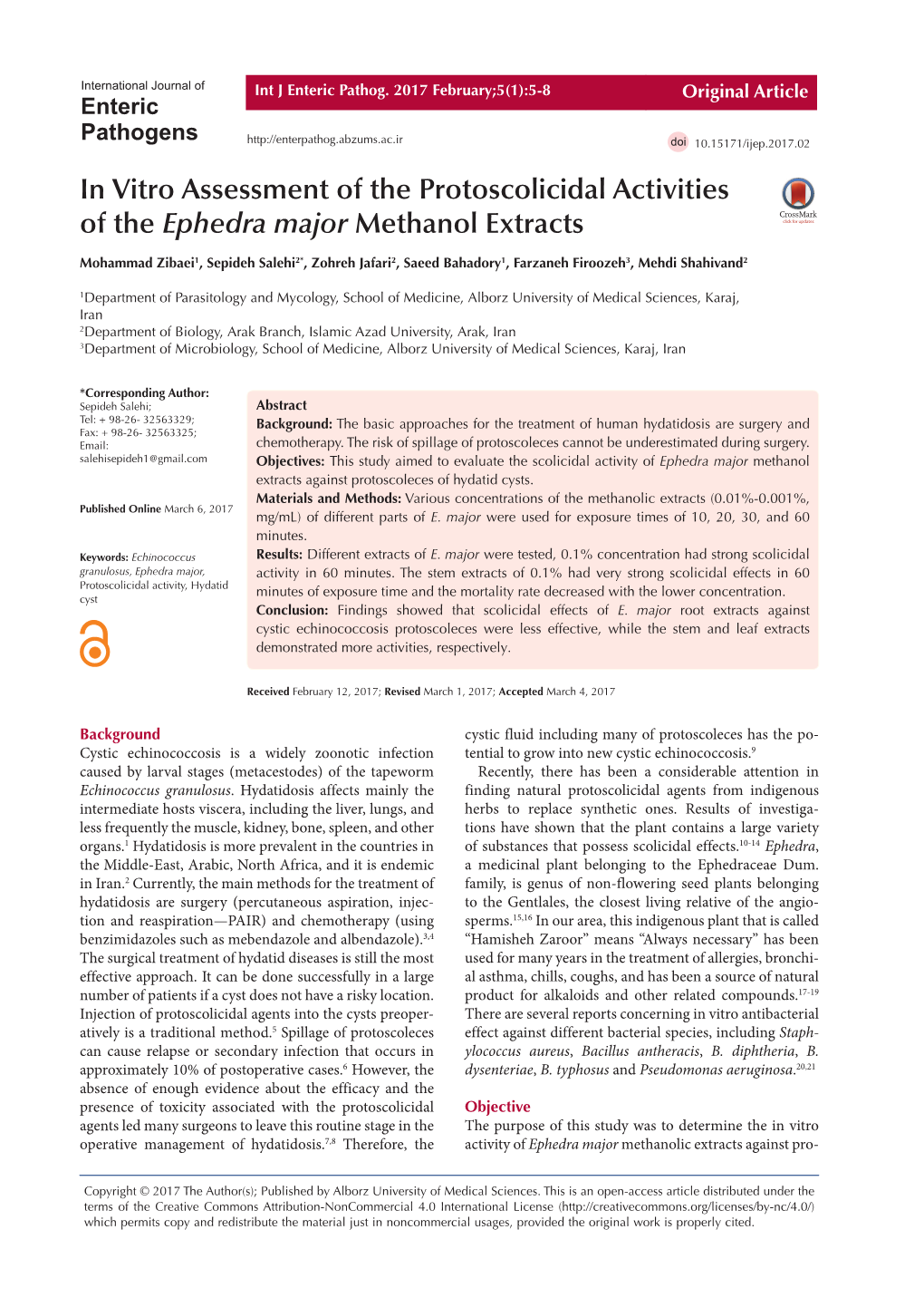 In Vitro Assessment of the Protoscolicidal Activities of the Ephedra Major Methanol Extracts