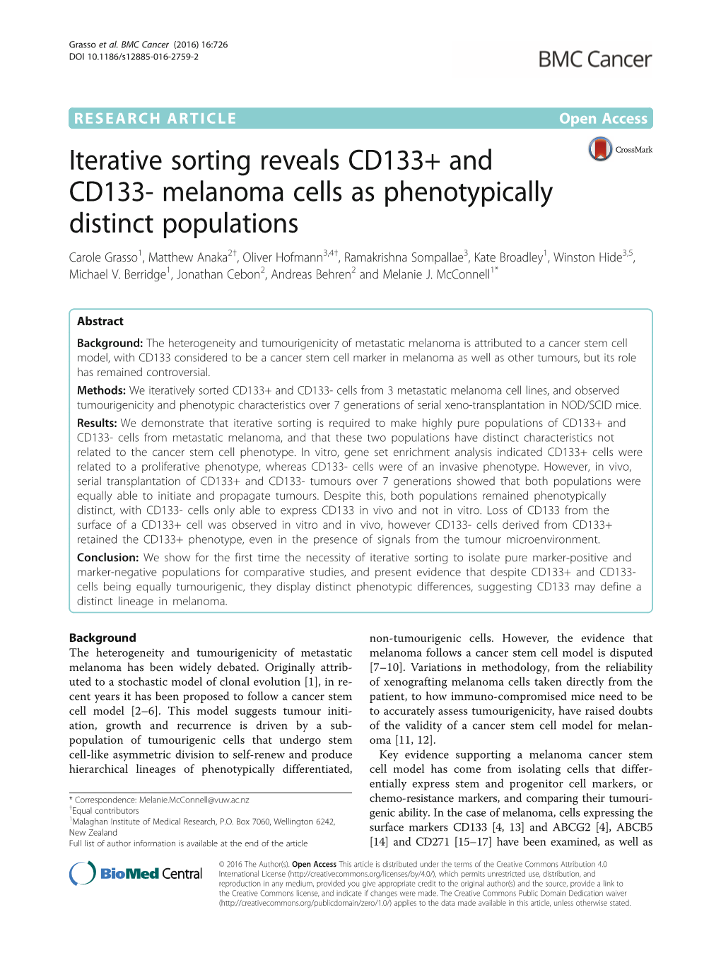 Iterative Sorting Reveals CD133+ and CD133- Melanoma Cells As