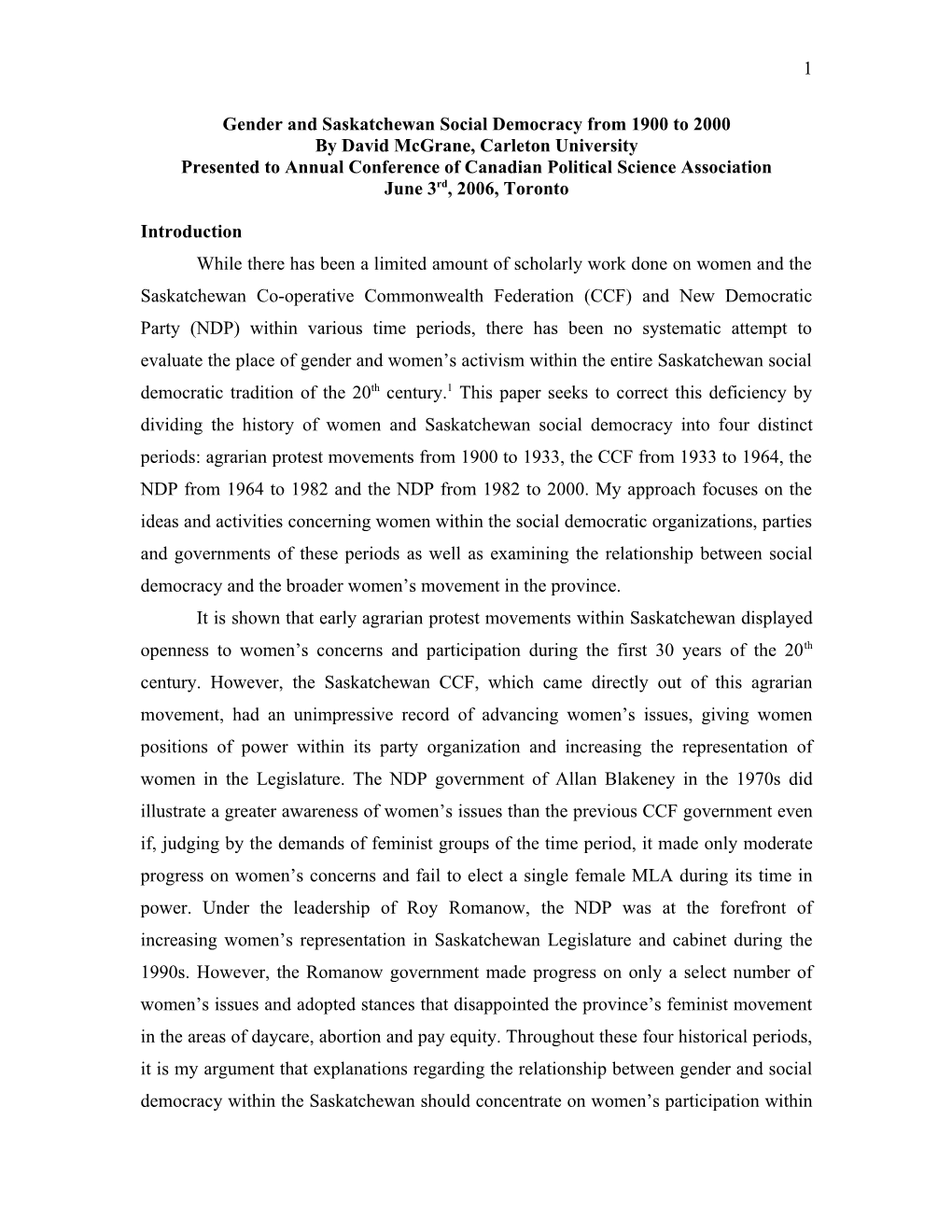 Gender and Saskatchewan Social Democracy from 1900 to 2000
