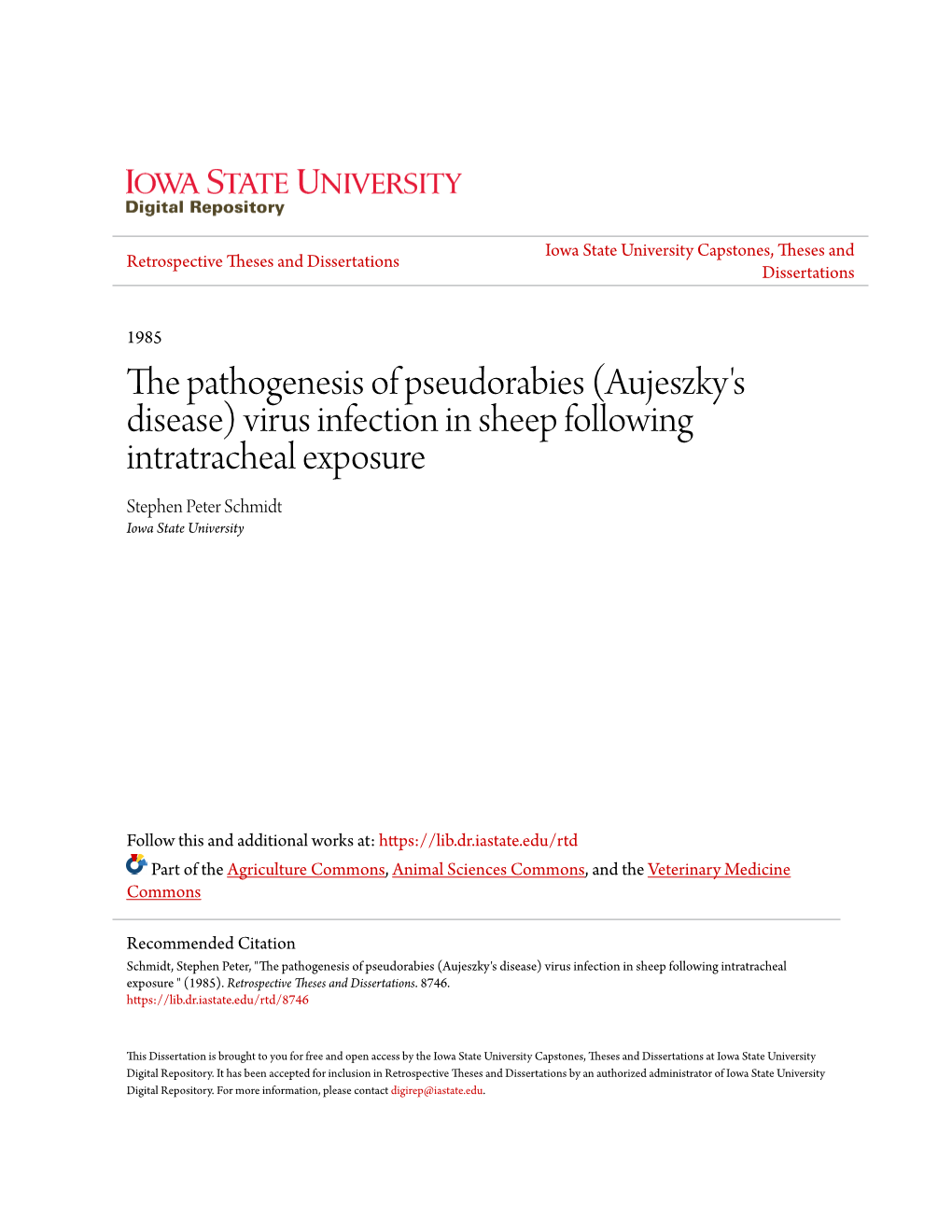 Aujeszky's Disease) Virus Infection in Sheep Following Intratracheal Exposure Stephen Peter Schmidt Iowa State University