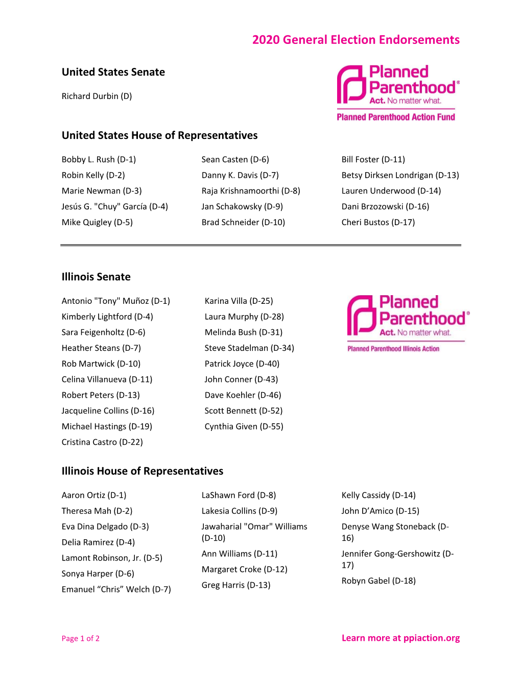 2020 General Election Endorsements