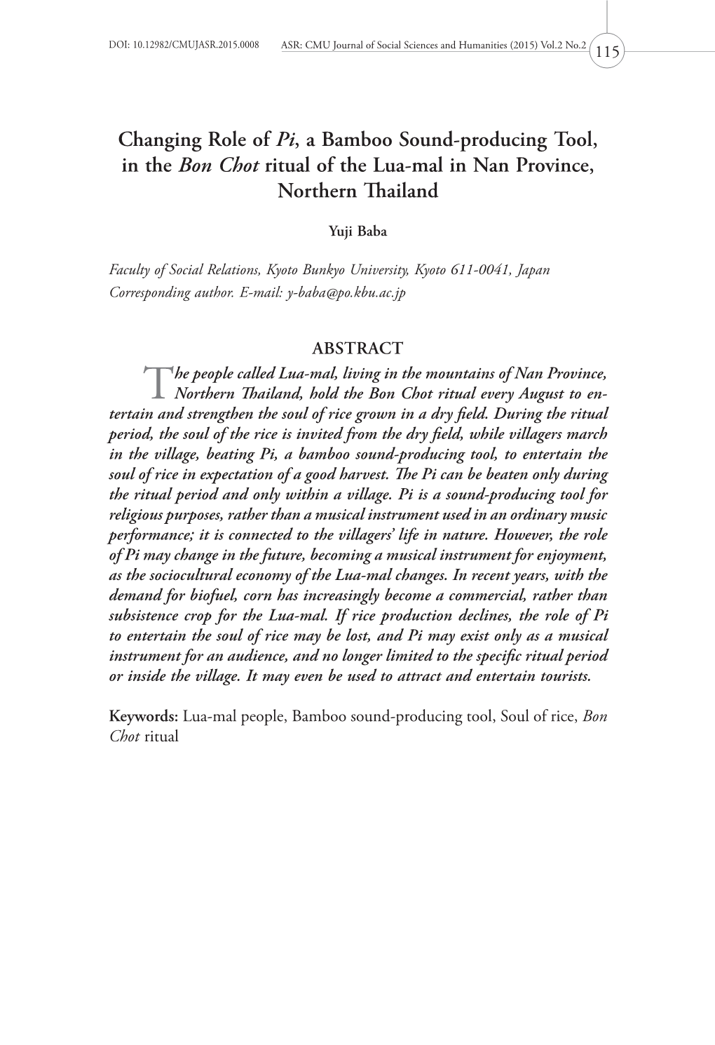 Changing Role of Pi, a Bamboo Sound-Producing Tool, in the Bon Chot Ritual of the Lua-Mal in Nan Province, Northern Thailand