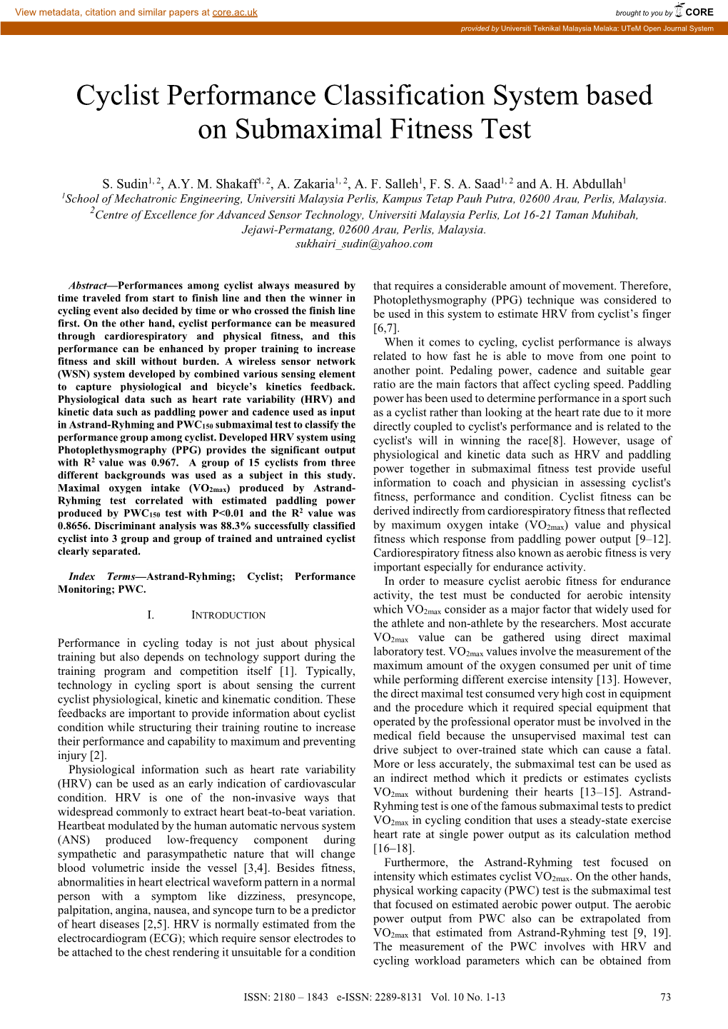 Cyclist Performance Classification System Based on Submaximal Fitness Test