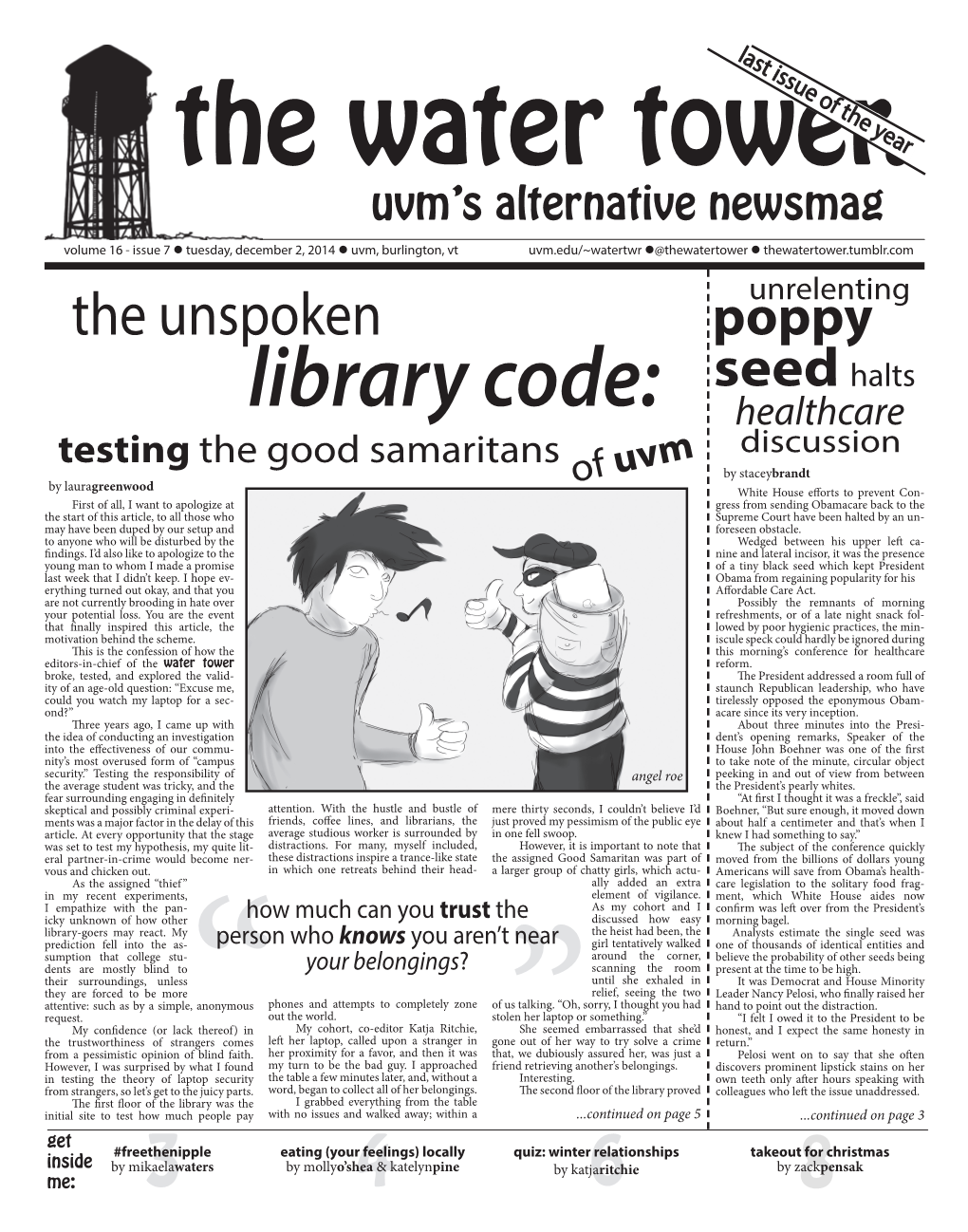 December 2, 2014 L Uvm, Burlington, Vt Uvm.Edu/~Watertwr L@Thewatertower L Thewatertower.Tumblr.Com