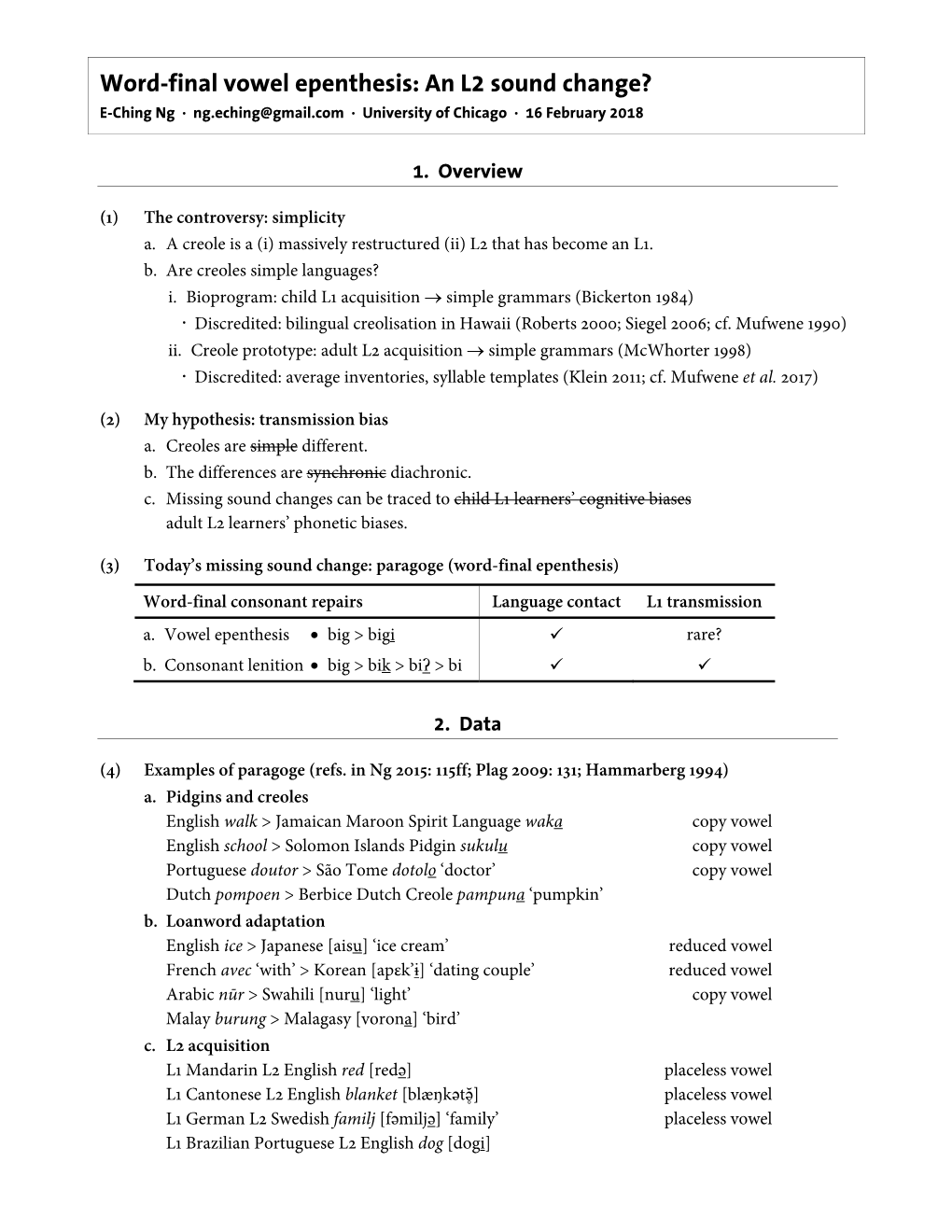 Word-Final Vowel Epenthesis: an L2 Sound Change? E-Ching Ng · Ng.Eching@Gmail.Com · University of Chicago · 16 February 2018