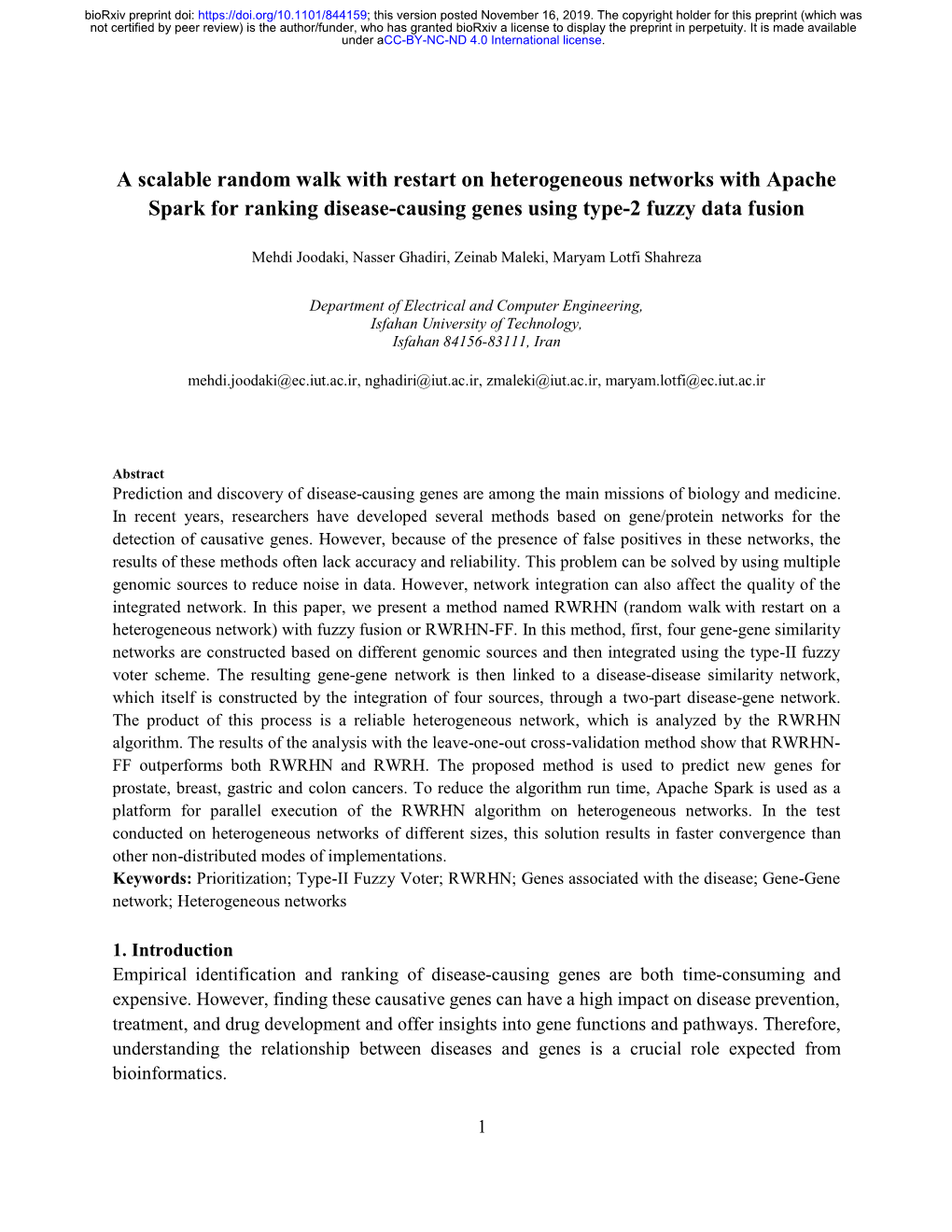 A Scalable Random Walk with Restart on Heterogeneous Networks with Apache Spark for Ranking Disease-Causing Genes Using Type-2 Fuzzy Data Fusion