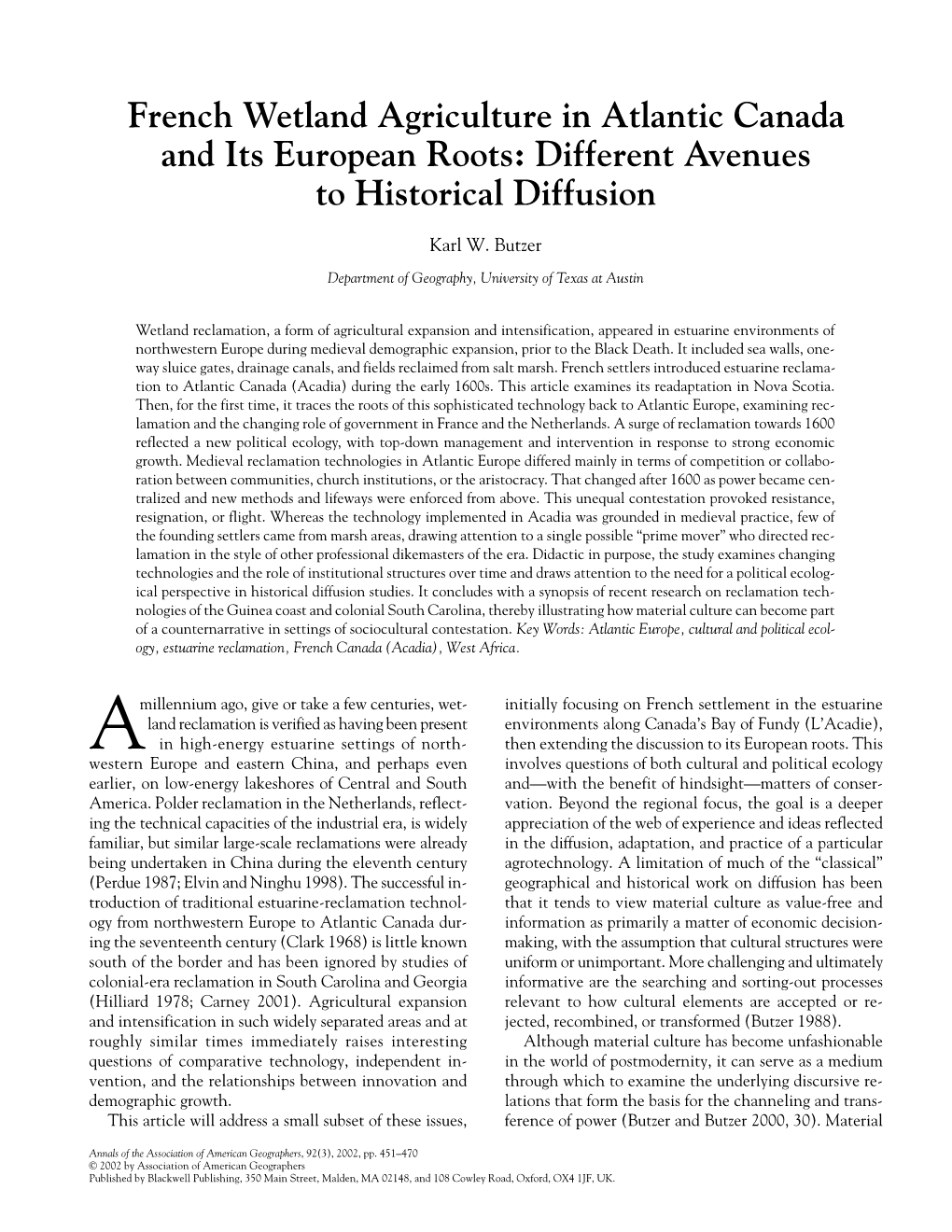 French Wetland Agriculture in Atlantic Canada and Its European Roots: Different Avenues to Historical Diffusion