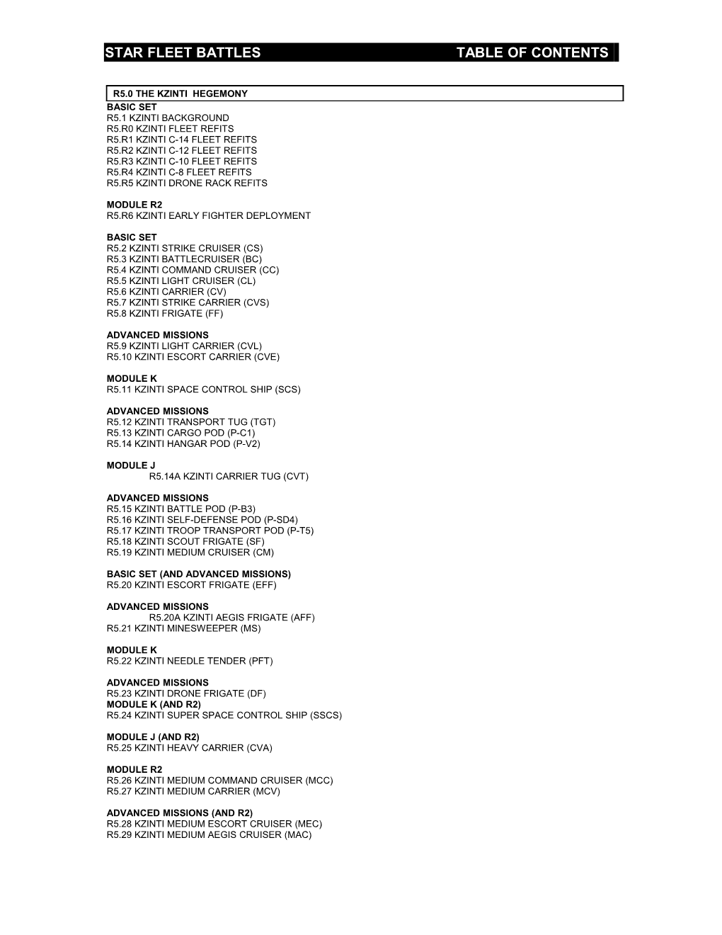 Star Fleet Battles Table of Contents R5.0 Kzinti