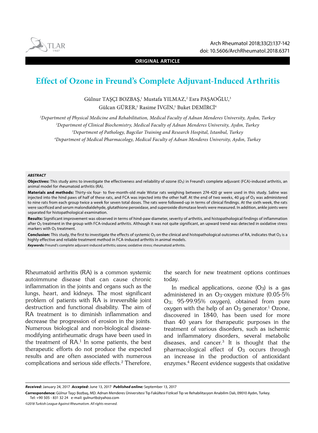 Effect of Ozone in Freund's Complete Adjuvant-Induced Arthritis