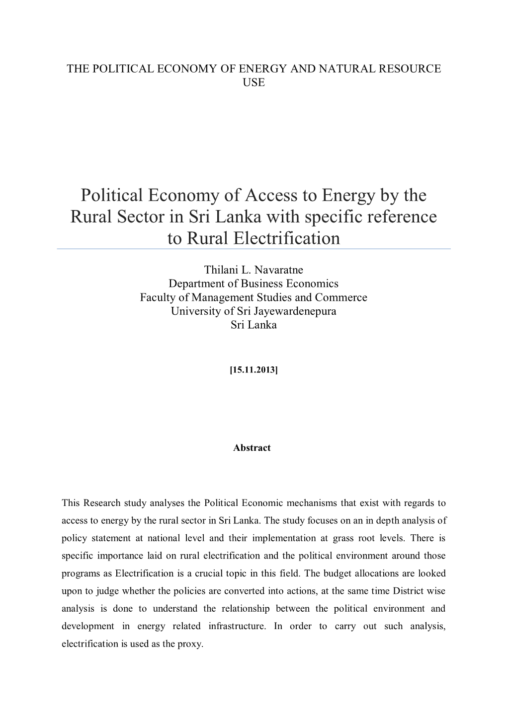Political Economy of Access to Energy by the Rural Sector in Sri Lanka with Specific Reference to Rural Electrification